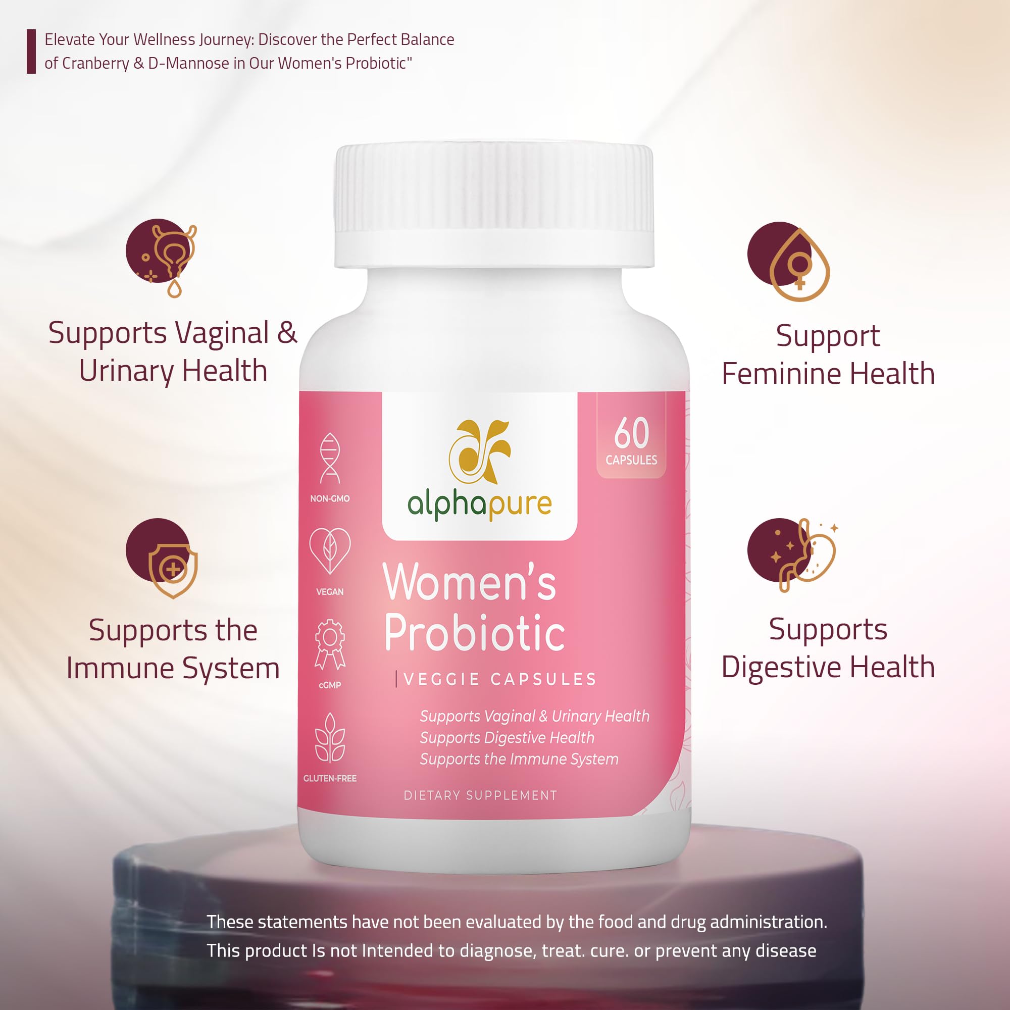 Alphapure Women's Probiotics 60 Veggie Capsules with Prebiotics - 50 Billion CFUs, 14 Strains for Digestive Health - Cranberry and D-Mannose for Urinary Tract Health - Once Daily