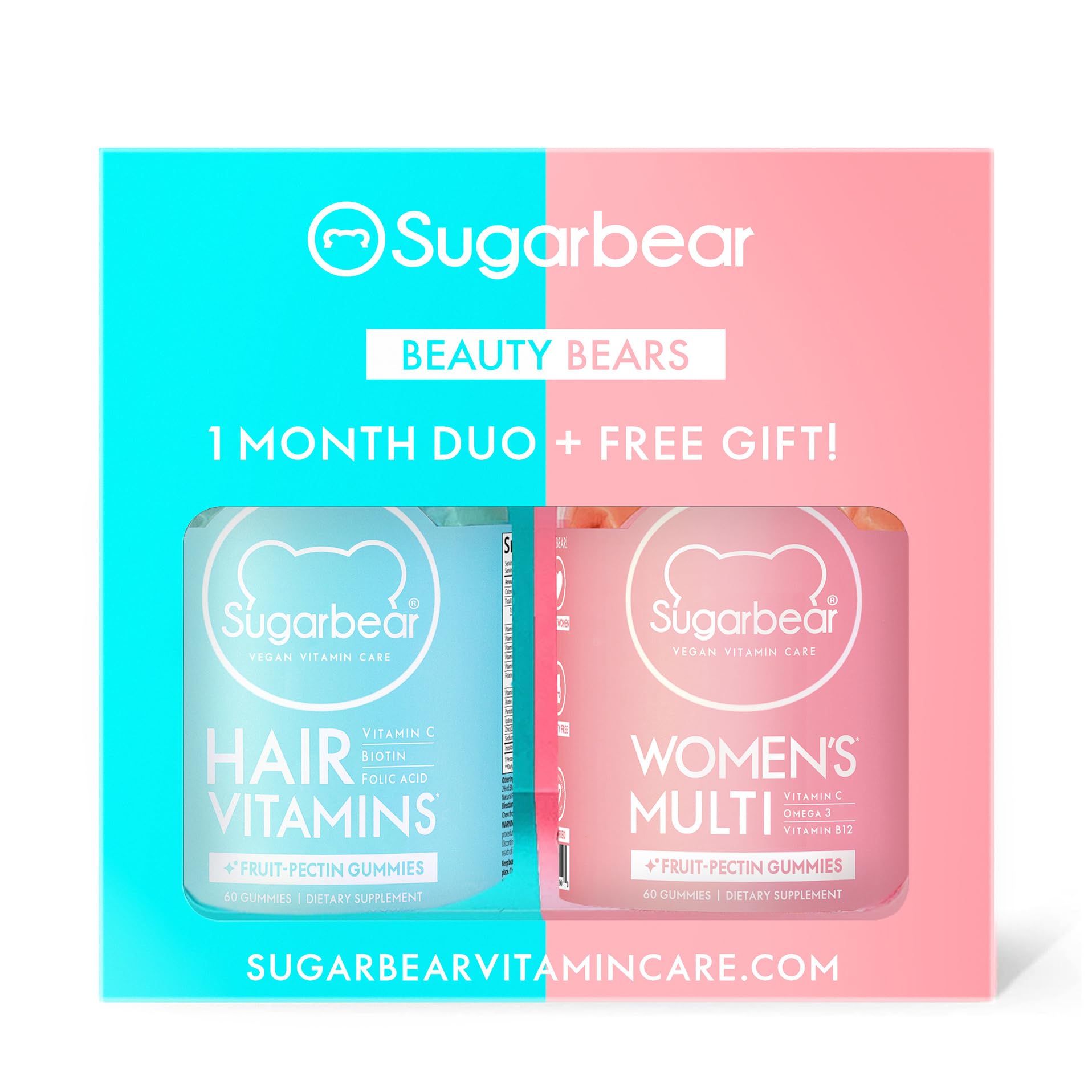 SugarBear Vitamins (Beauty Bears) Vegan Hair Gummy with Biotin, Vitamin D, Folic Acid + Women's Multivitamins for Skin & Nails + Gift