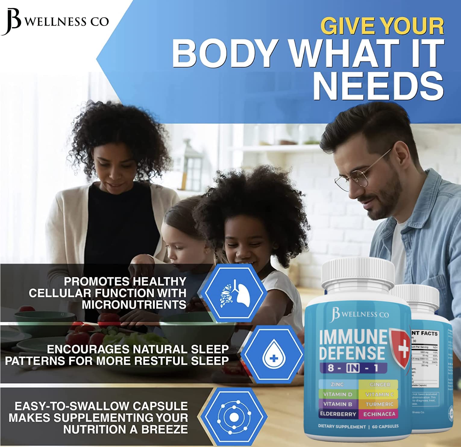 JB WELLNESS CO Immune Support 8 in 1 Capsules - Zinc Supplement, Vitamin D3 5000 IU, Vitamin C 1000MG and Elderberry - Immune Booster Ginger Root, and Turmeric - [2-Pack]