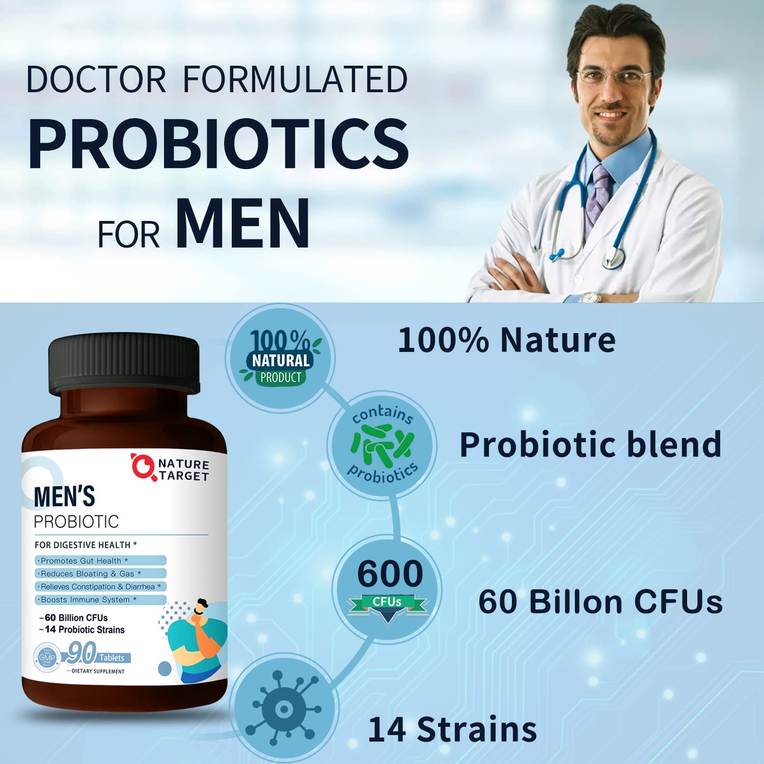 NATURE TARGET Probiotics for Men with Men Care Supplement, Prebiotics & Probiotic for Men's Digestive and Immune Health,60 Billion CFUs & 14 Strains Shelf Stable, Gluten & Soy Free (90 Tablets)