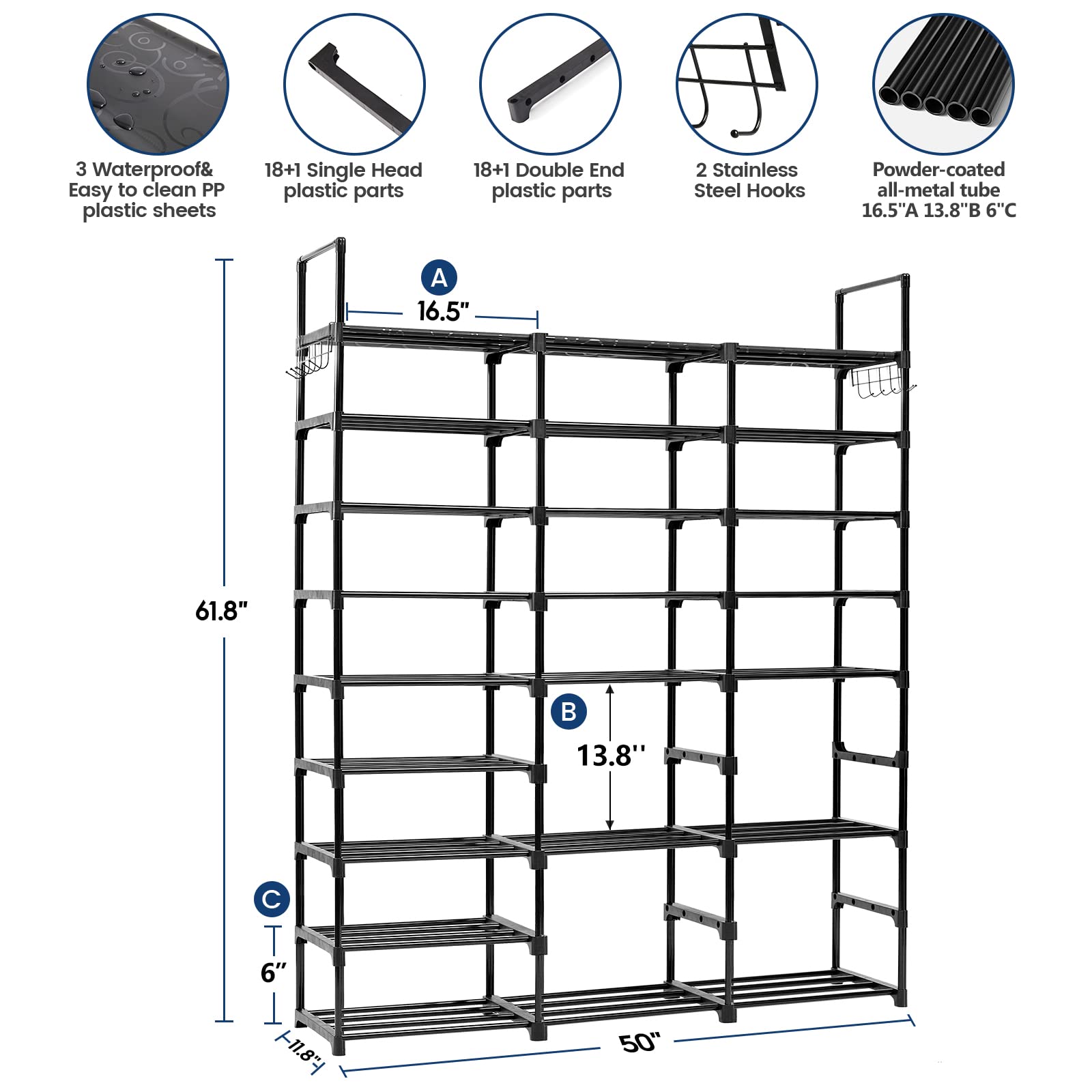 Mavivegue 9 Tiers Metal Shoe Rack Organizer, 50-55 Pairs Large Tall Shoe Storage,Shoe Holder,Shoe Stand,Vertical Free Standing Shoe Shelf,Large Boot Rack Organizer for Entryway, Closet, Garage