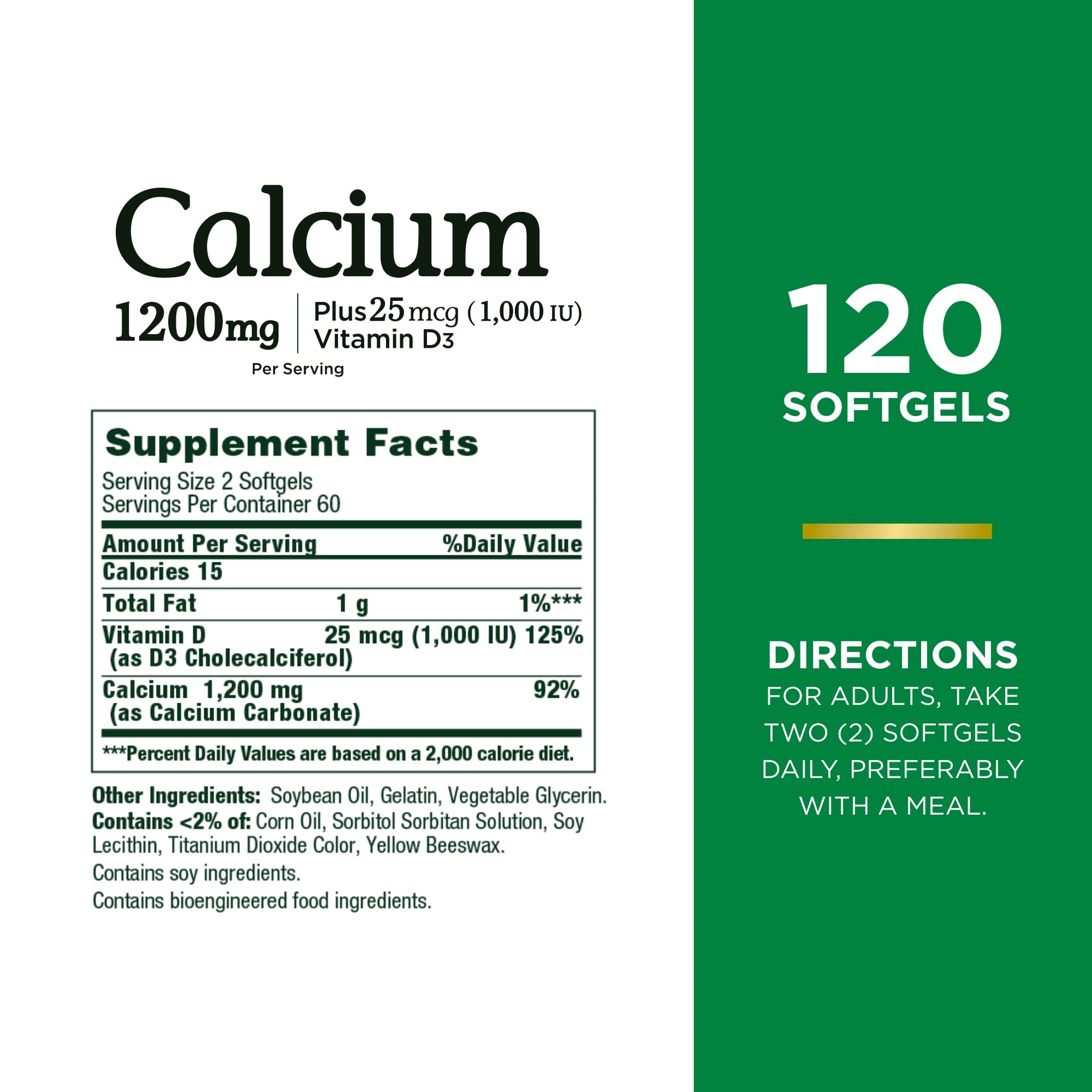 Calcium Carbonate & Vitamin D by Nature's Bounty, Supports Immune Health & Bone Health, 1200mg Calcium & 1000IU Vitamin D3, 120 Softgels