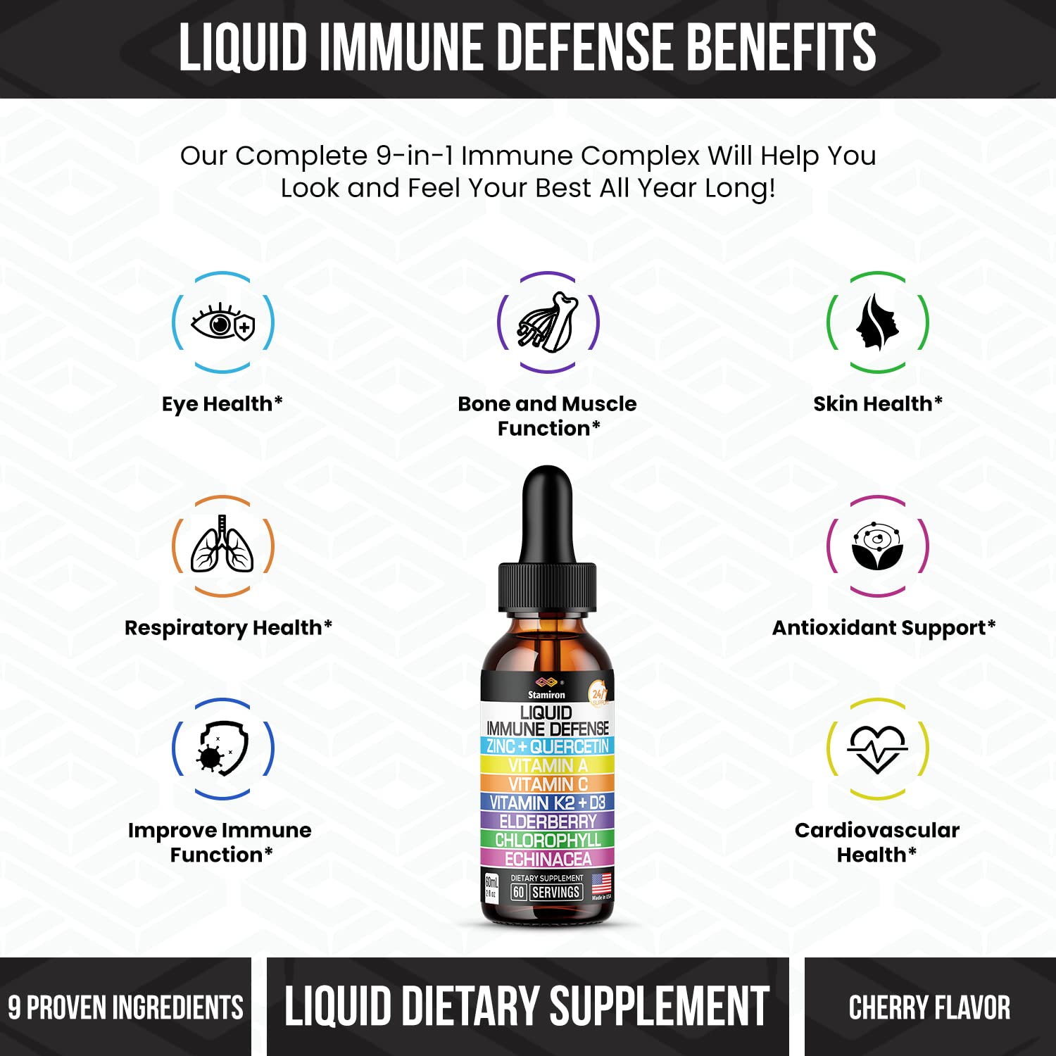 Zinc Quercetin Vitamin C D3 Liquid Immune Support with Vitamin A K2 Echinacea Chlorophyll and Elderberry - 9in1 Immune Defense Drops Complex for Immunity Health Respiratory Health - 60 Servings