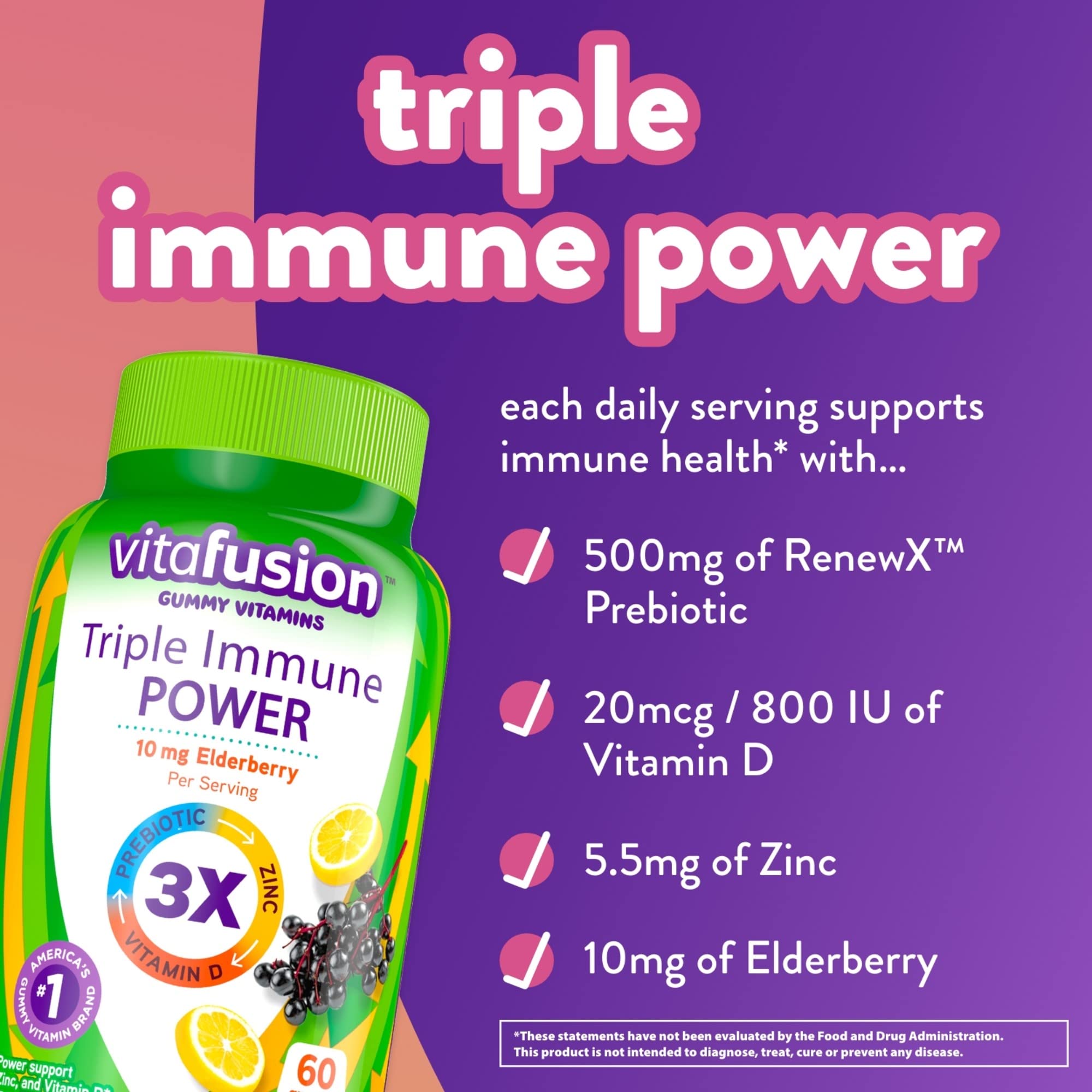 Vitafusion Triple Immune POWER Gummy Vitamins, 60ct