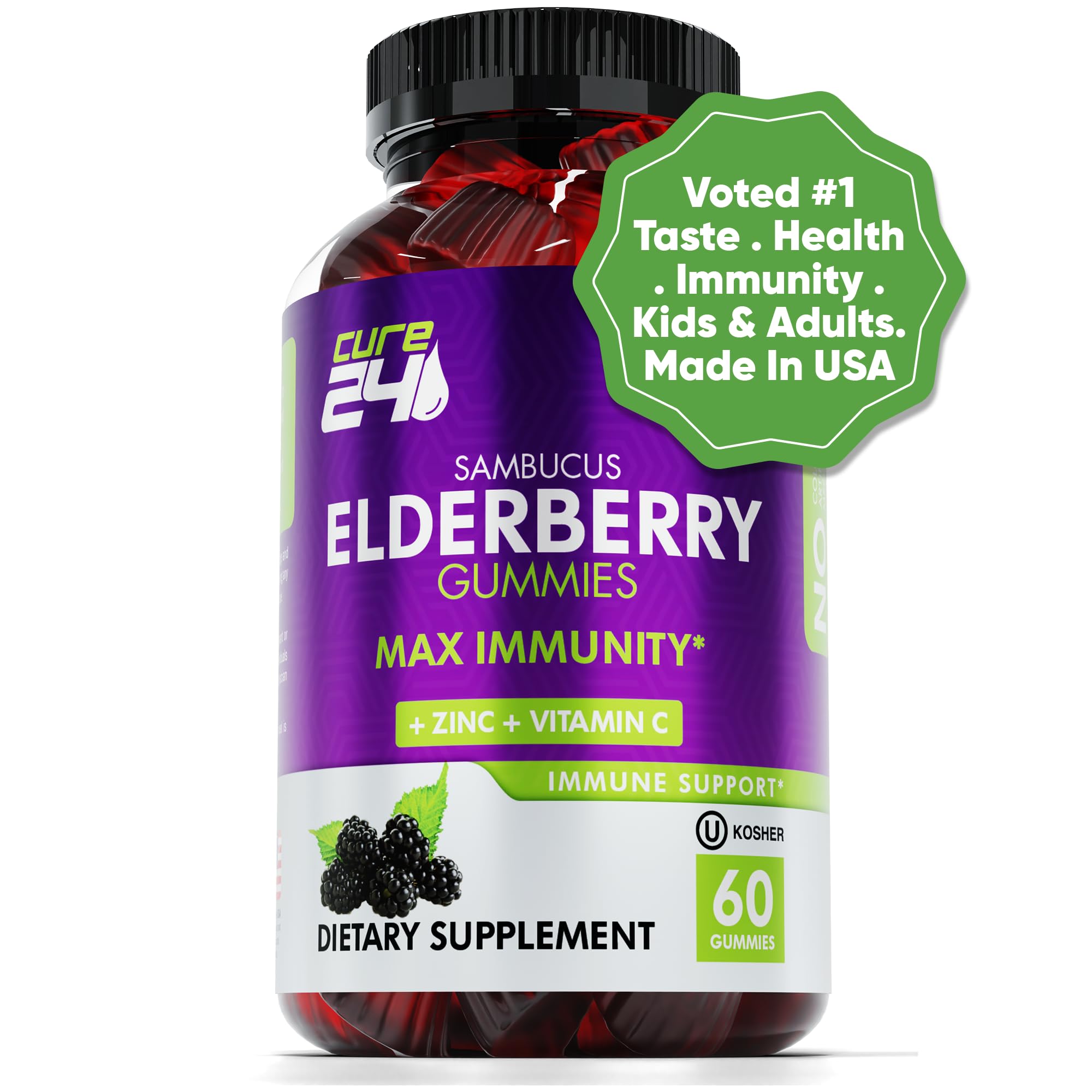 Cure24 Sambucus Elderberry Gummies for Adults & Kids, Black Elderberry Vitamin c and zinc Supplements, Triple Immune Support Supplement, 60 Chews, Made in USA