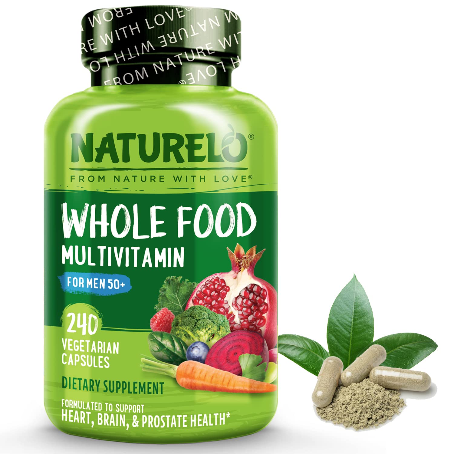 NATURELO Whole Food Multivitamin for Men 50+ - with Vitamins, Minerals, Organic Herbal Extracts - Vegan Vegetarian - for Energy, Brain, Heart and Eye Health - 240 Capsules