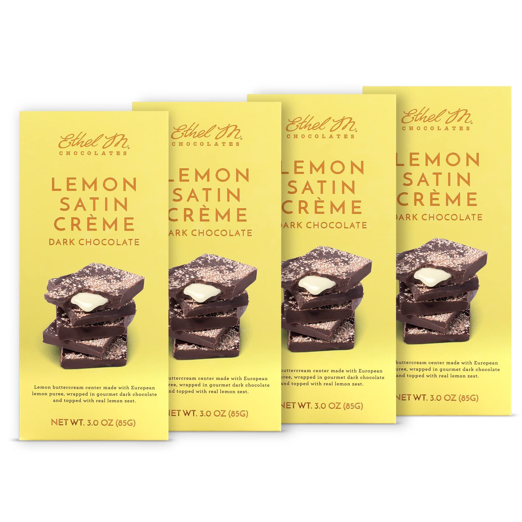 Ethel M Chocolates Handcrafted Gourmet Dark Chocolate Bar with Artisanal Lemon Satin Crème Topped with Real Lemon Zest (85g) - 4 bars