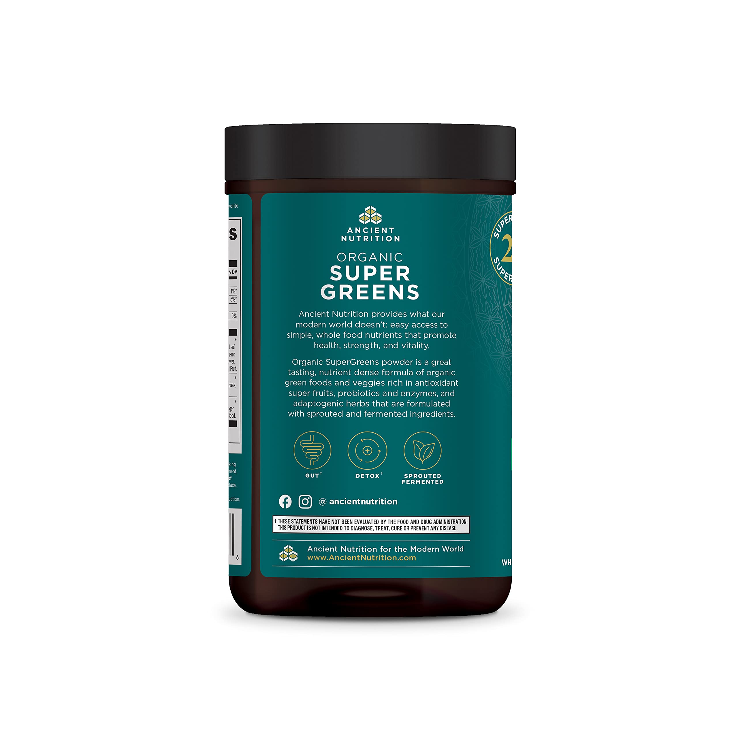 Ancient Nutrition Super Greens Powder, Organic Superfood Powder with Probiotics Made with Spirulina, Chlorella, Matcha, and Digestive Enzymes, 25 Servings, 7.5oz