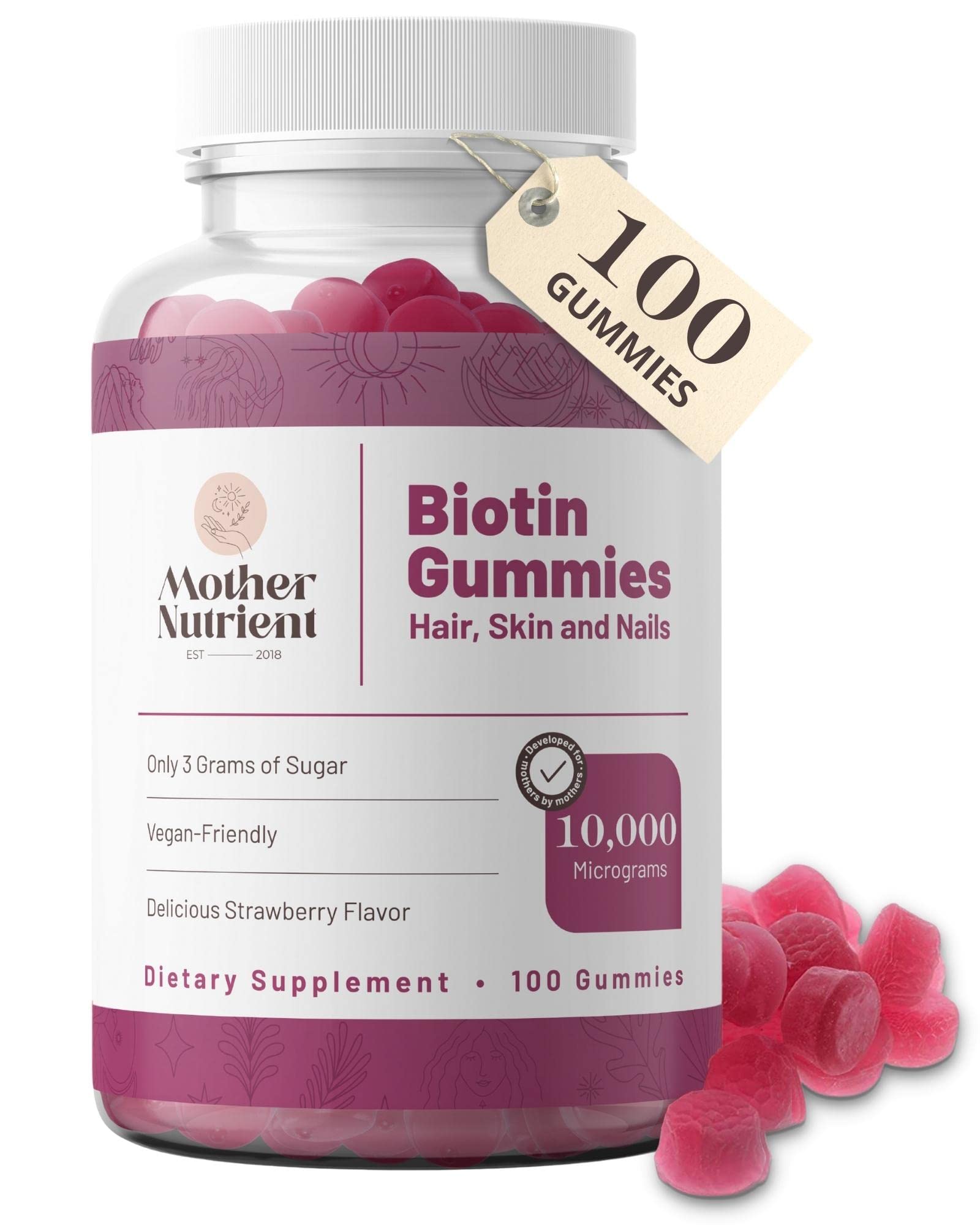 Mother Nutrient Biotin Gummies Supplements for Women and Men Vegan, Gluten Free Vitamins Supplement — Maximum Strength 10,000 Micrograms per Serving — 50-Day Supply (100 Gummy Chewables)