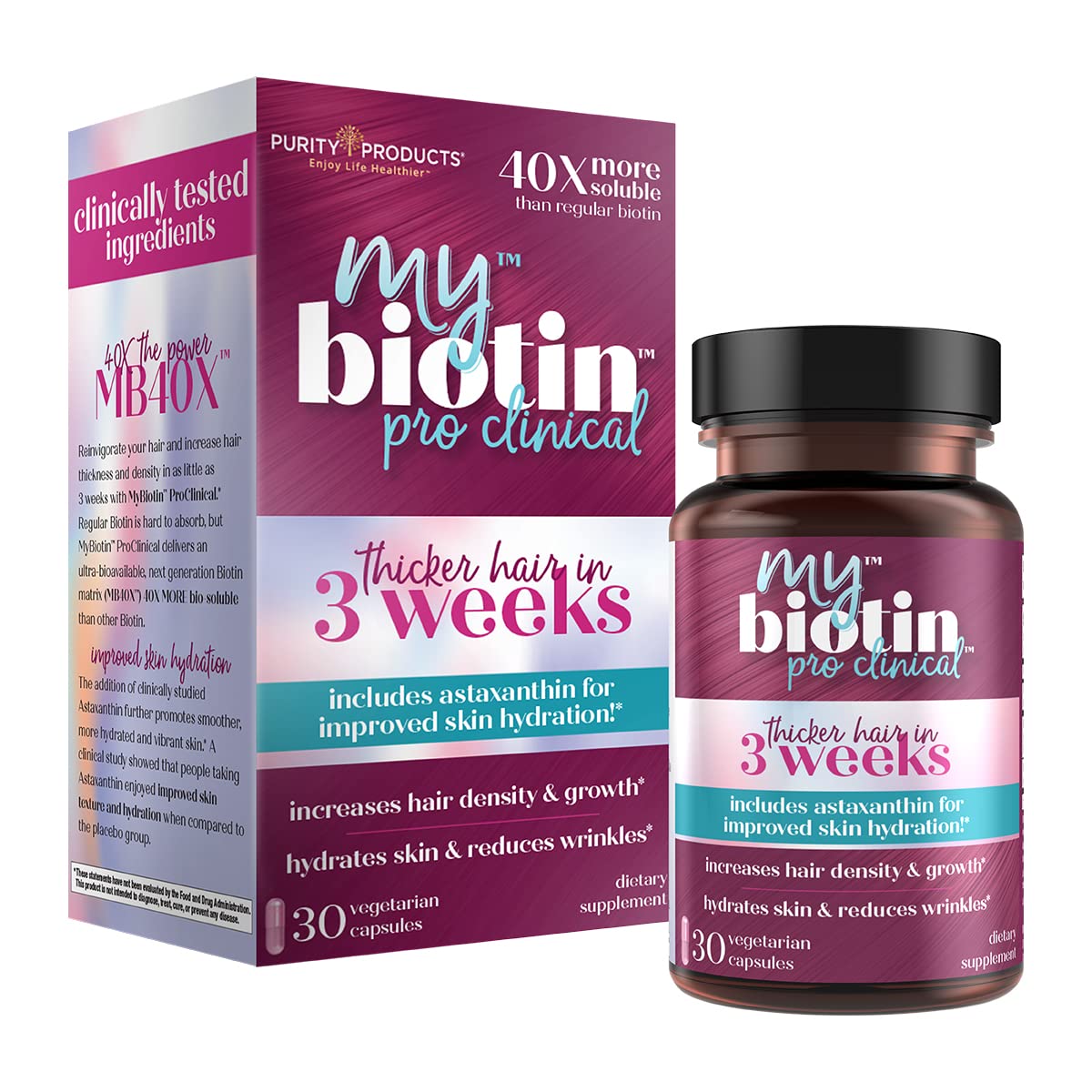 Purity Products MyBiotin ProClinical - 3 Month Supply – Thicker Hair in 3 Weeks & Fights Wrinkles - MB40X Patented Biotin Matrix w/Astaxanthin - 40X More Soluble vs Ordinary Biotin - 90 Caps