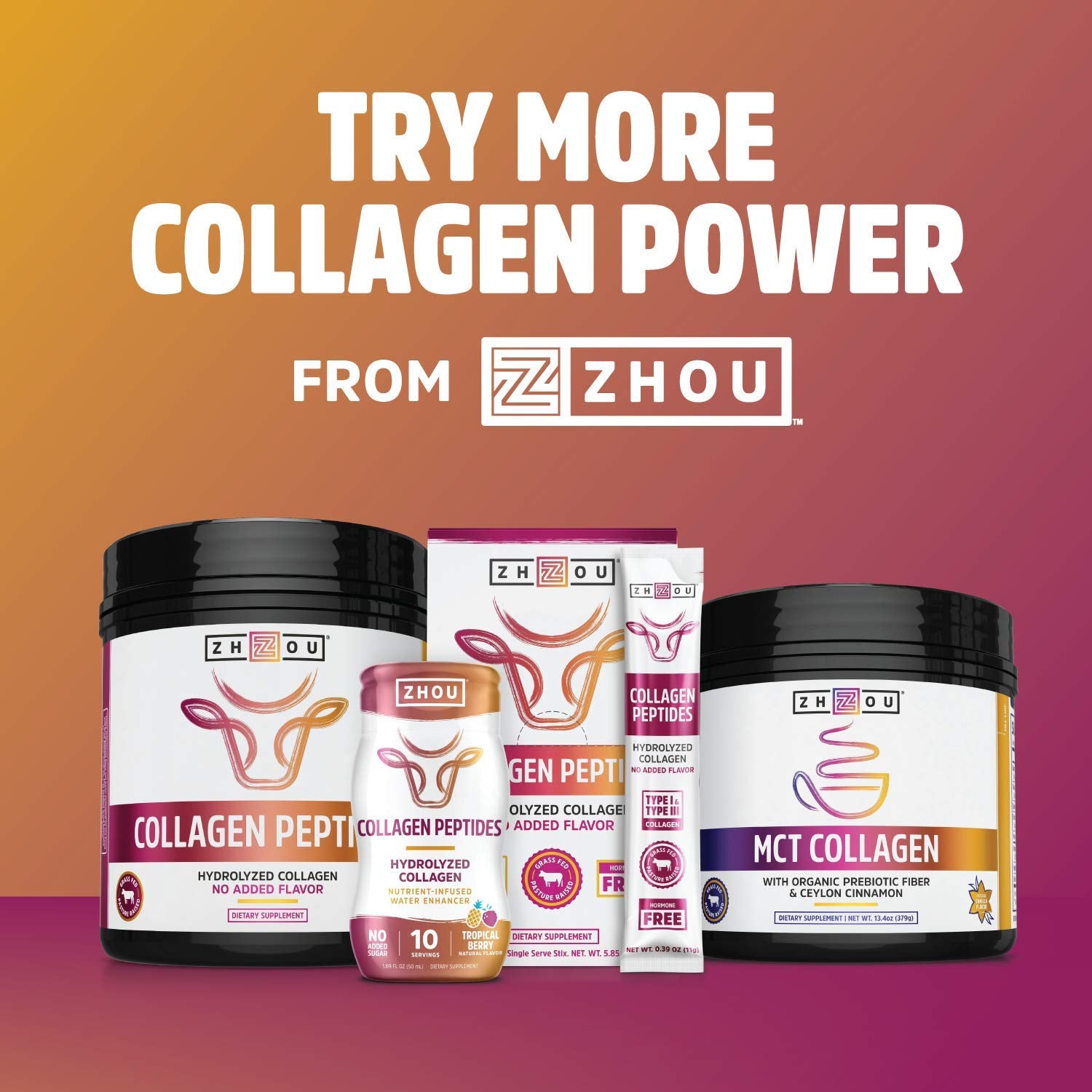 Zhou Collagen Active | BCAAs & Vitamin C | Black Berry Cherry | 13.3 Ounce