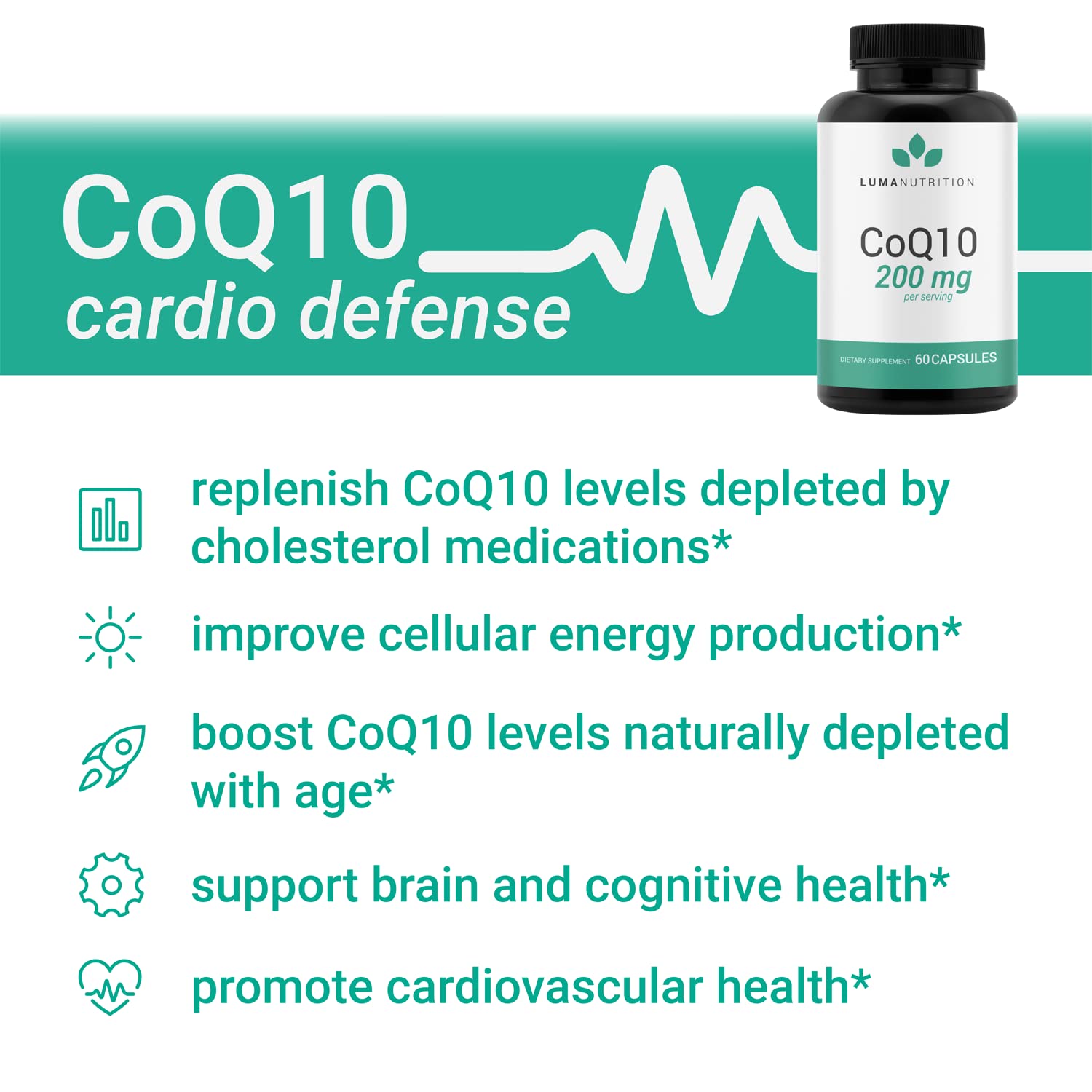 Luma Nutrition CoQ10 200mg Liquid Capsules - CoQ10 200mg Softgels - Premium Coenzyme Q10 - Co Q-10 100mg Capsule / 200mg Serving - Heart Supplement - 60 Liquid Capsules