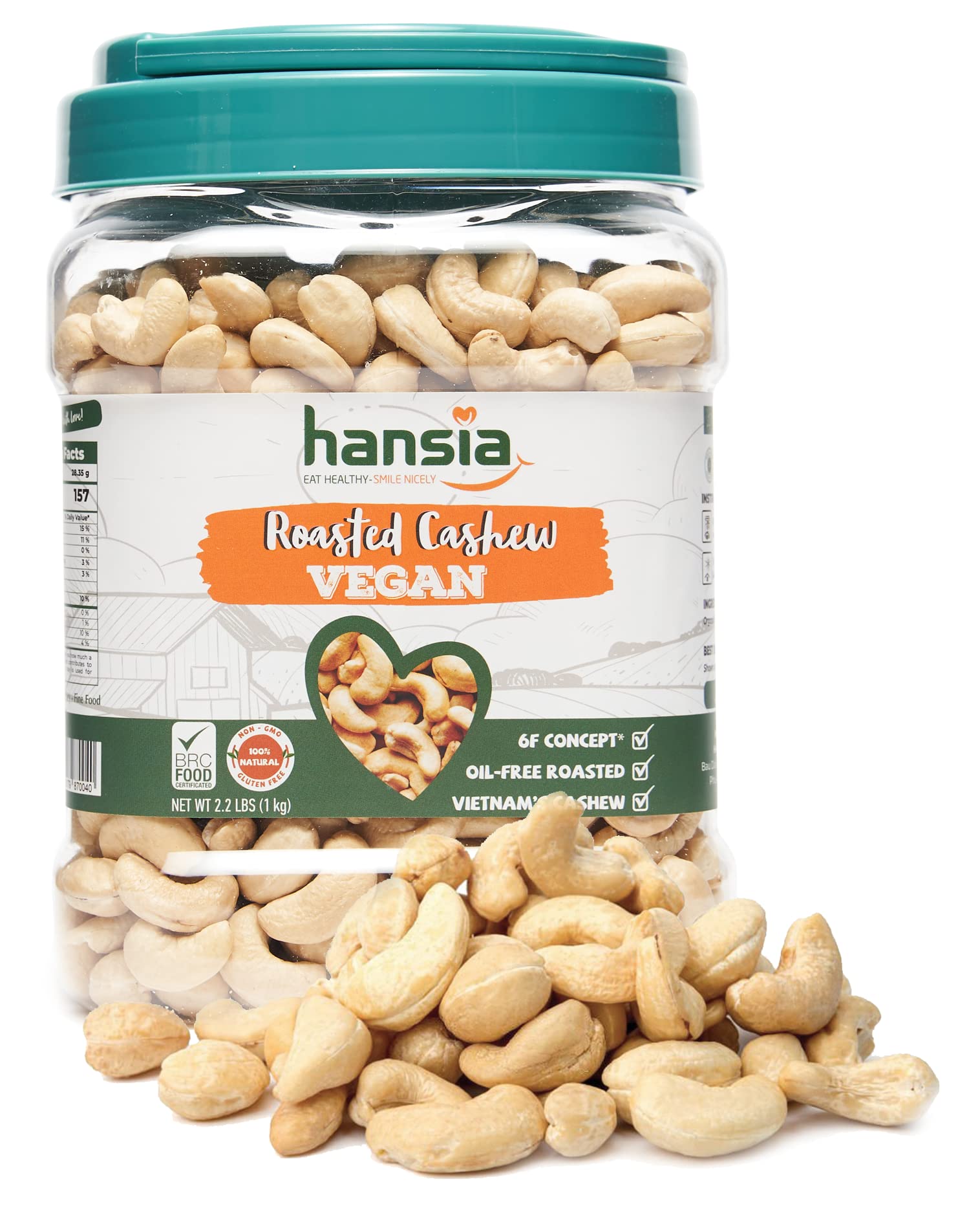 Hansia Organic Keto Kosher Vegan Cashews, Dry Roasted Unsalted Superfood, Gluten-free, Fresh, Healthy, Low Sodium Snacks, Rich of Protein & Natural Fiber, Protein, Vitamin and Iron (2.2 Pounds (Pack of 1))