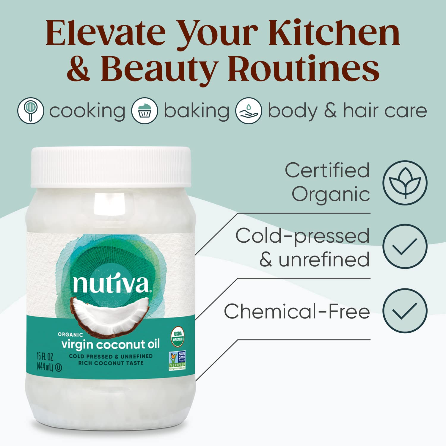 Nutiva Organic Coconut Oil 15 fl oz, Cold-Pressed, Fresh Flavor for Cooking Oil, Natural Hair Oil, Skin Oil, Massage Oil and, Non-GMO, USDA Organic, Unrefined Extra Virgin Coconut Oil (Aceite de Coco)