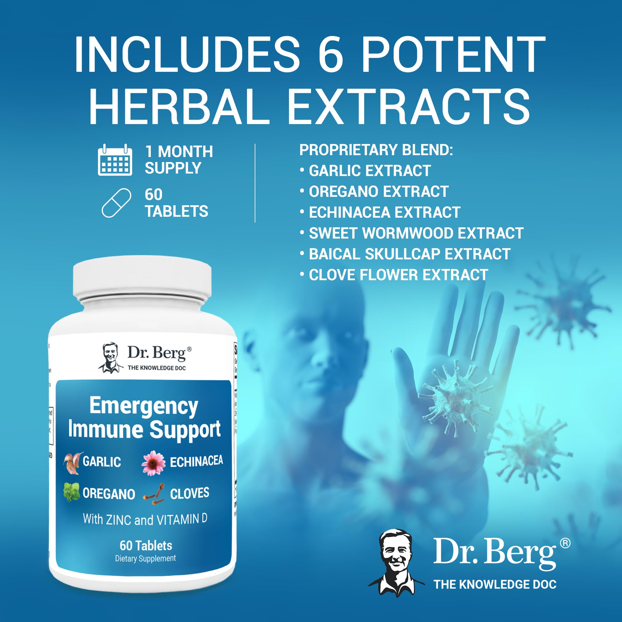 Dr. Berg Emergency Immune Support w/Echinacea - Potent Blend of Herbal Extracts (Warning: Strong Herbal Smells) - Immune Support Supplement Includes 2,000 IUs of Vitamin D & 10mg of Zinc - 60 Tablets