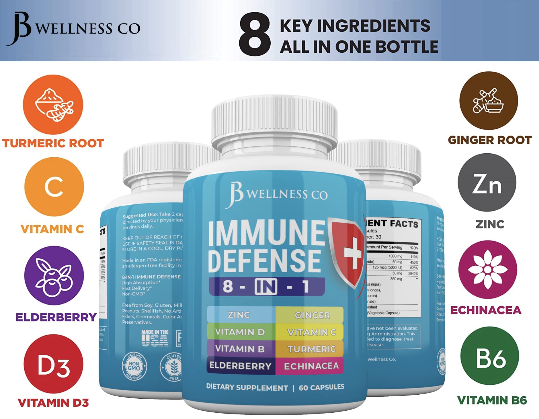 JB WELLNESS CO Immune Support 8 in 1 Capsules - Zinc Supplement, Vitamin D3 5000 IU, Vitamin C 1000MG and Elderberry - Immune Booster Ginger Root, and Turmeric - [2-Pack]
