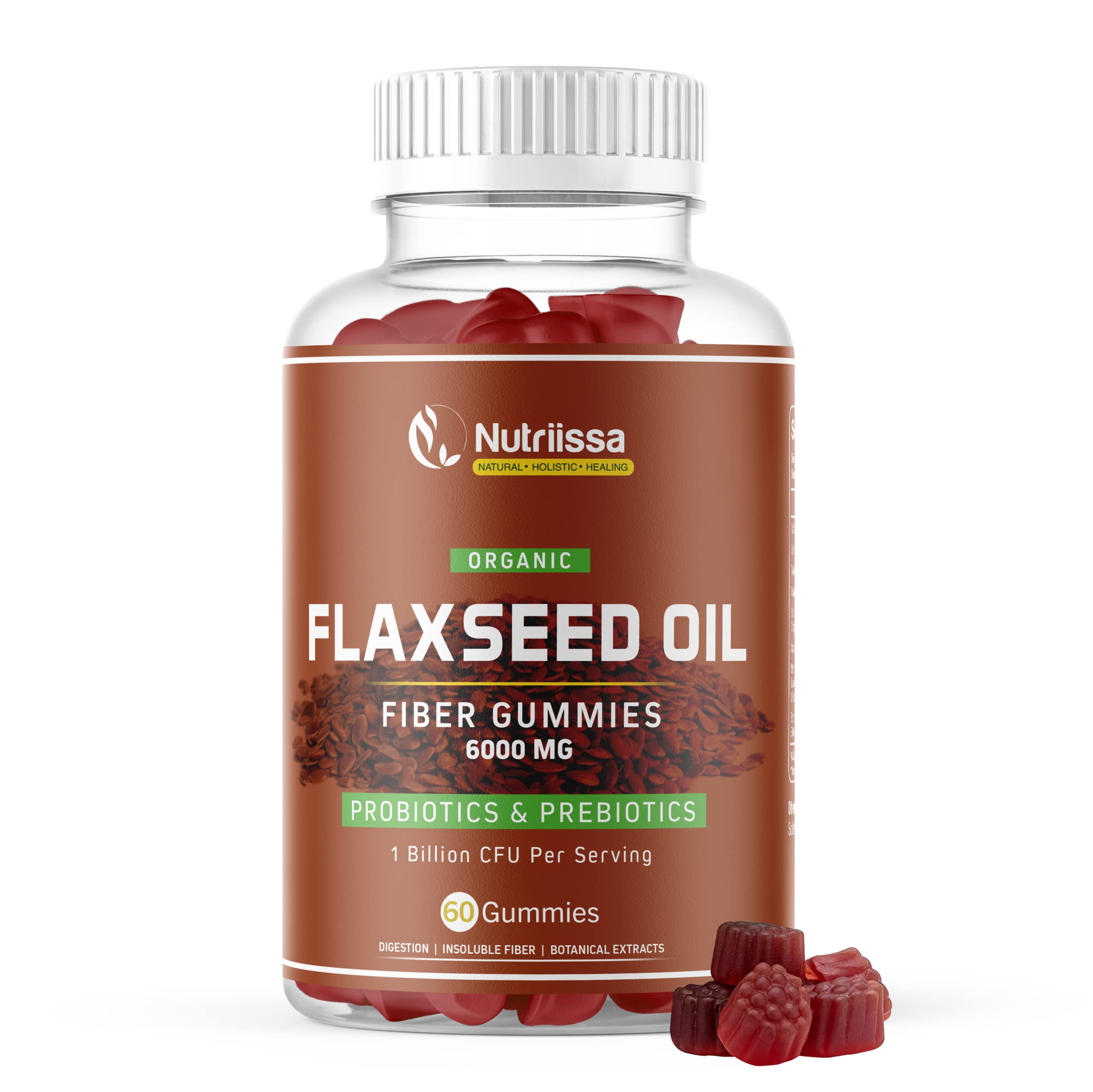 Nutriissa Flaxseed Chewable 60 Gummies Fiber Supplement | Gummy Vitamins | Digestive Health | Probiotic Gummies | Gluten-Free - Flax Probiotics for Digestive Health, Constipation & Bloating - 6000mg