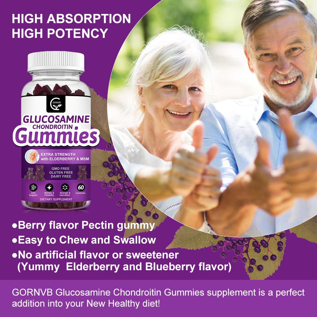 GORNVB Glucosamine Chondroitin Gummies with MSM & Elderberry Extra Strength - Joint Support, Antioxidant Immune Support Supplement for Adults, Men & Women - 60 Chondroitin Gummies (2 Pack)