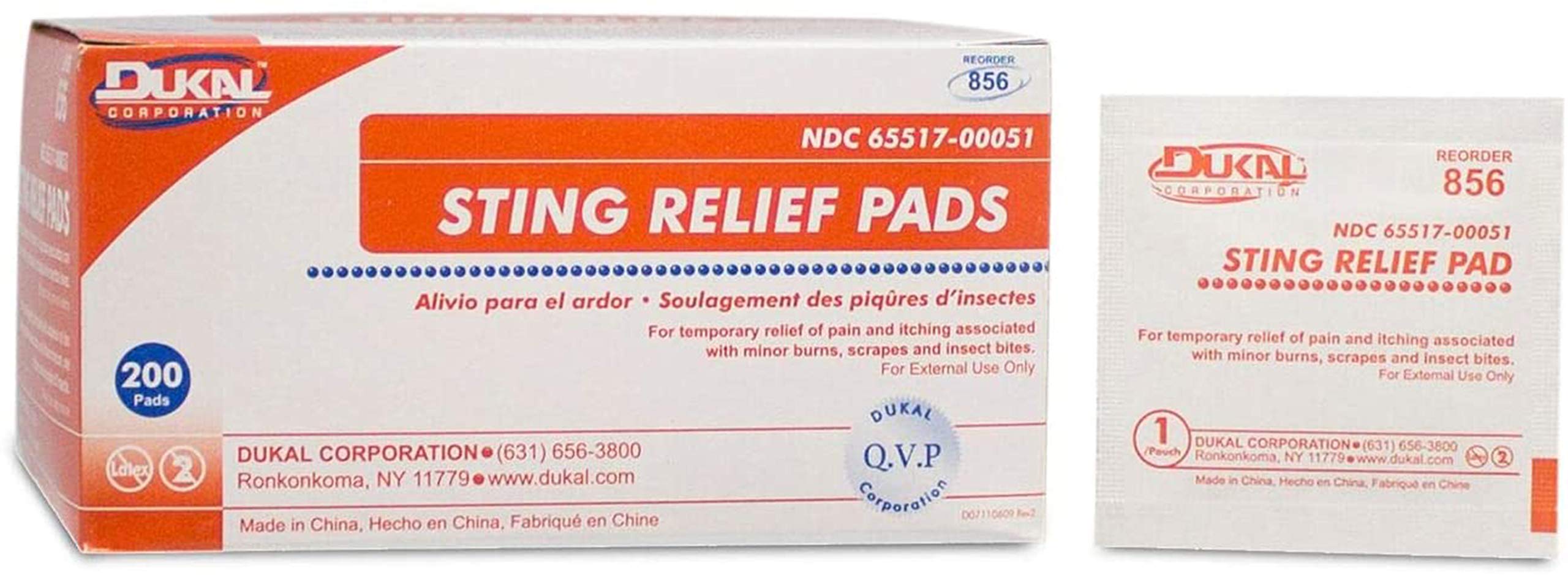 Dukal Sting Relief Pads. Case of 200 Anesthetic Pads for Burns, Scrapes. 2-Ply Non-Woven Pads in Individual Pouches, Non-Sterile Sting Relief Wipes, 856