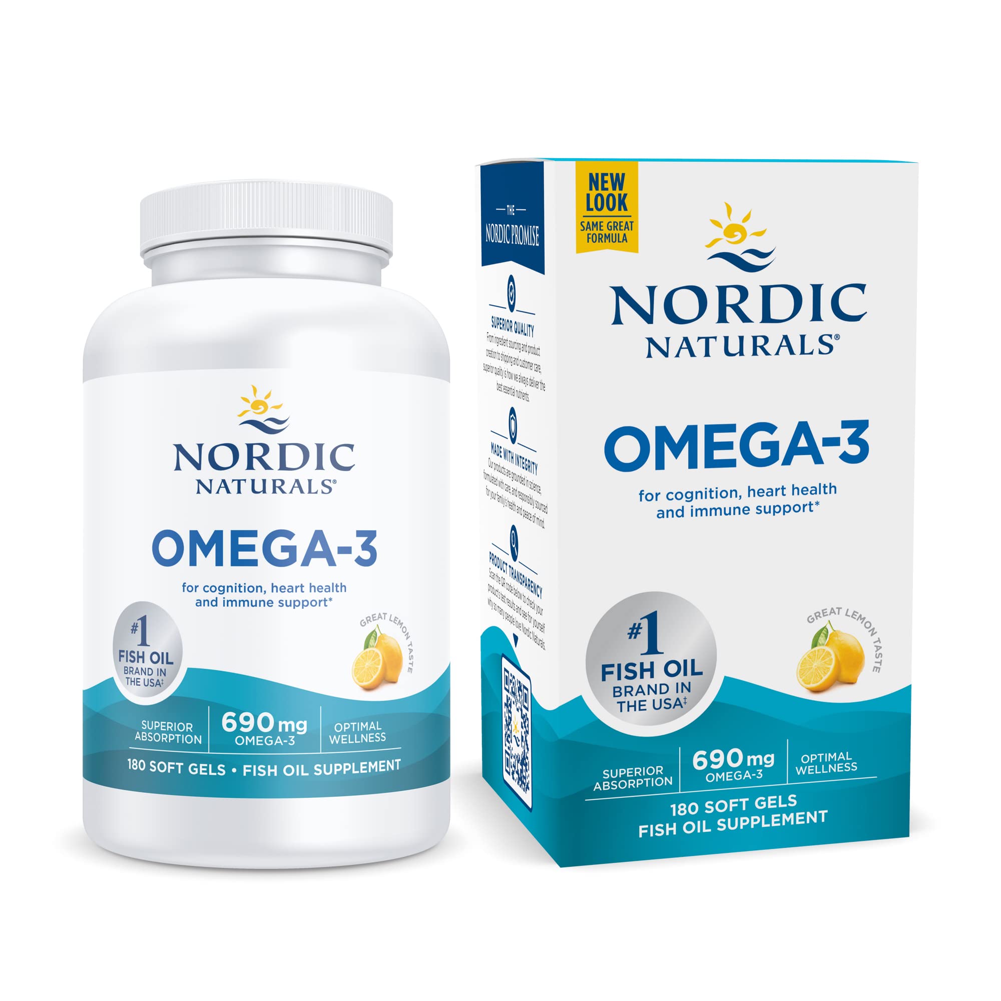 Nordic Naturals Omega-3, Lemon Flavor - 180 Soft Gels - 690 mg Omega-3 - Fish Oil - EPA & DHA - Immune Support, Brain & Heart Health, Optimal Wellness - Non-GMO - 90 Servings