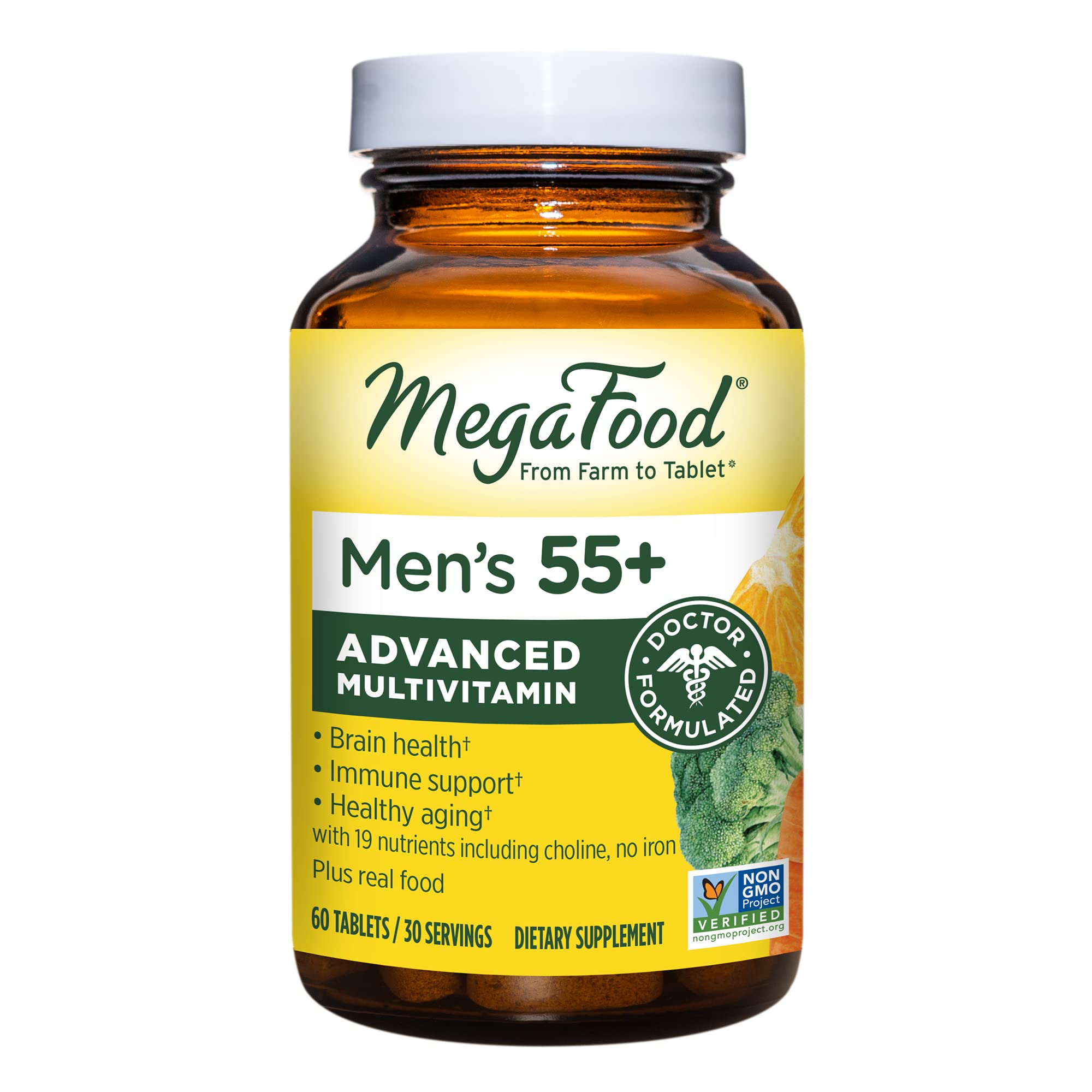 MegaFood Men's 55+ Advanced Multivitamin for Men - Doctor-Formulated -Choline, Vitamin D, Vitamin B12 – Plus Real Food – Brain Health Supplement for Adults & Immune Support - 60 Tabs (30 Servings)