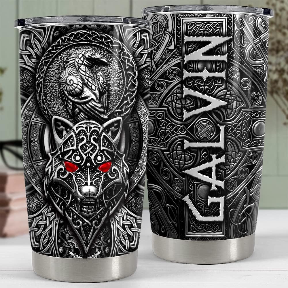 SANDJEST Personalized Wolf Tumbler Raven Viking 20oz 30oz Tumblers with Lid Gift for Men Dad Son Father Husband Christmas Birthday