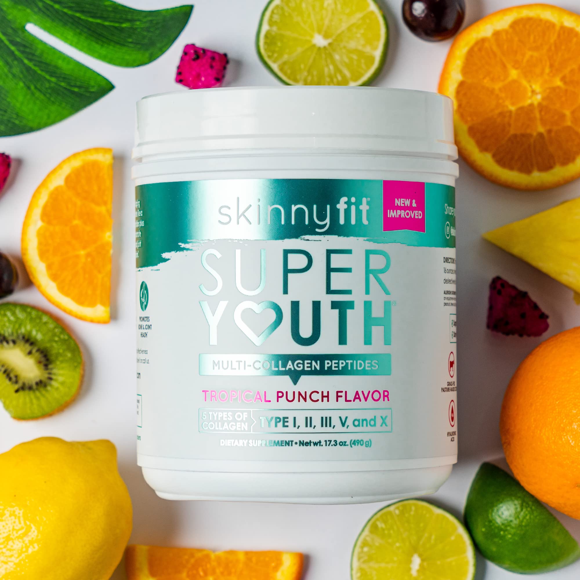 SkinnyFit Super Youth Tropical Punch Multi-Collagen Peptides Plus Apple Cider Vinegar, Hyaluronic Acid, & Vitamin C, Hair, Skin, Nail & Joint Support, Immunity, Healthy Metabolism, 28 Servings