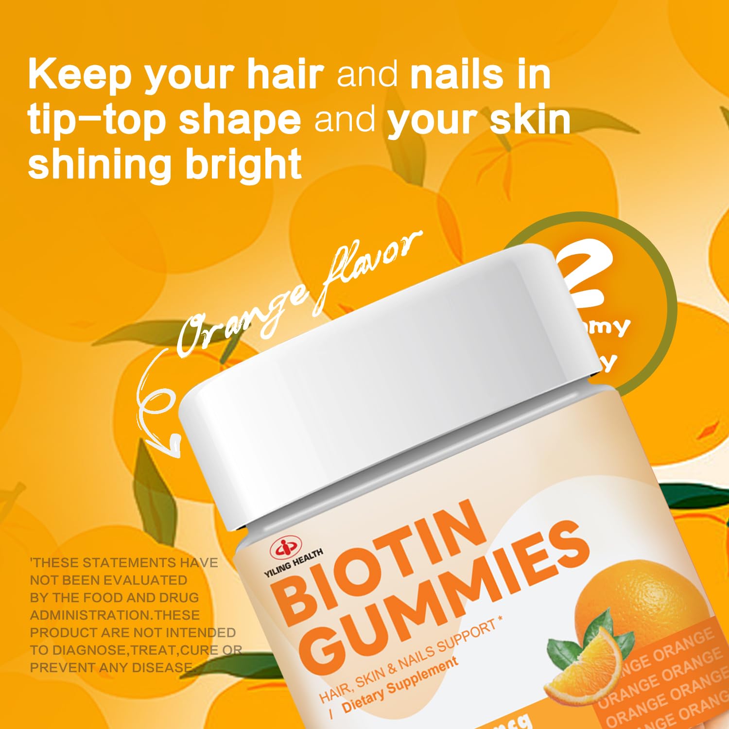 YILING Hair Gummies Vitamins Extra Strength Biotin 2500mcg, Vitamins C, E for Women & Men - Vegan Gummies Hair, Skin & Nails Biotin Supplement, Sweet Orange Flavor -60 Count