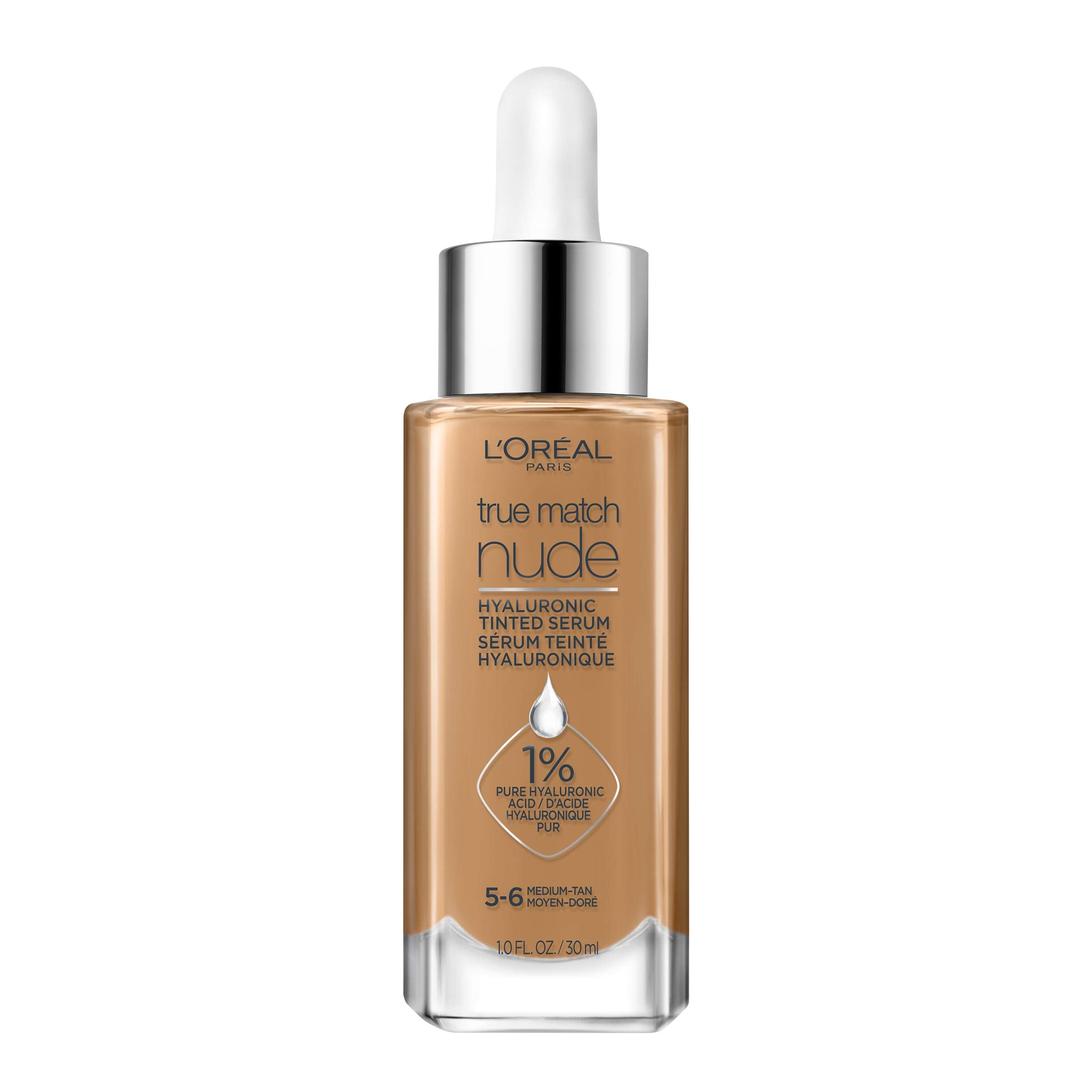 L'Oréal Paris True Match Nude Hyaluronic Tinted Serum Foundation with 1% Hyaluronic acid, Medium Tan 5-6, 1 fl. oz.