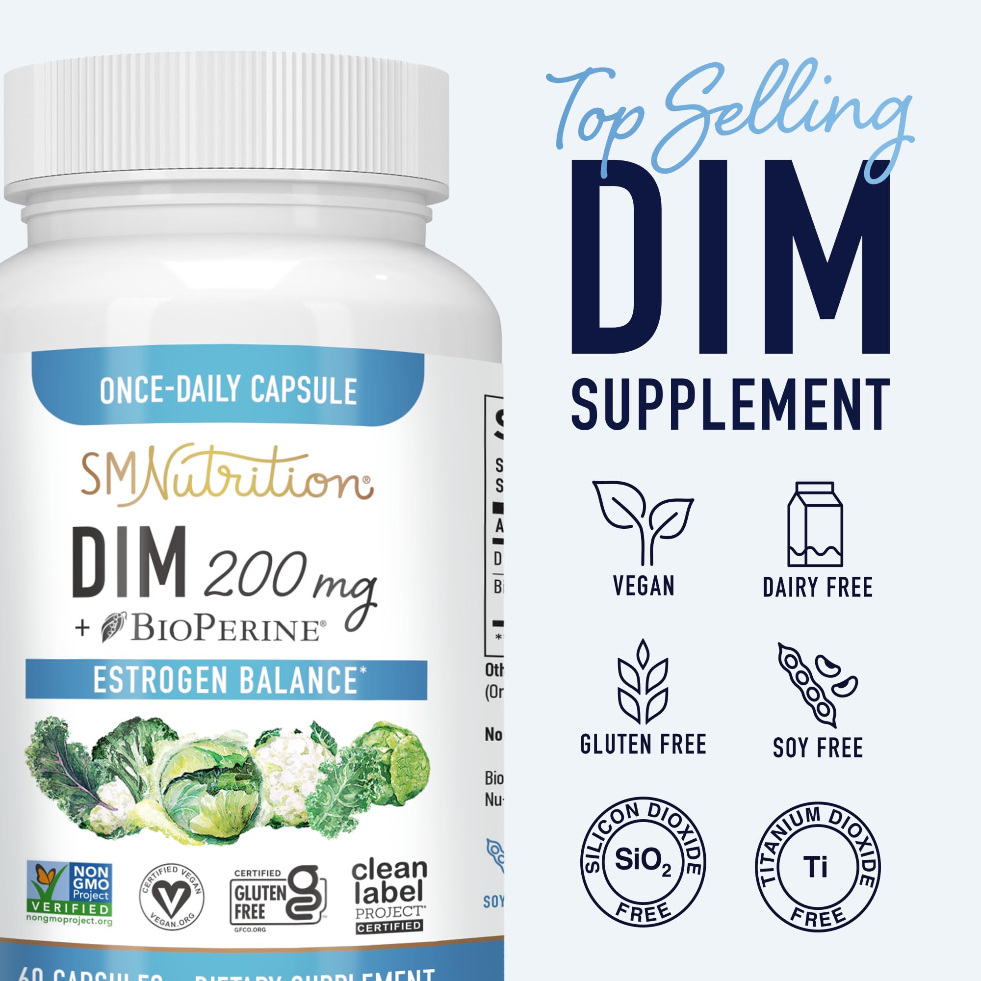 DIM Supplement 200 mg | Estrogen Balance for Women & Men | Hormone Balance, Hormonal Acne Supplements, Menopause Support, Antioxidant Support | Clean Label Project Certified, Vegan, Soy Free | 60 Ct.