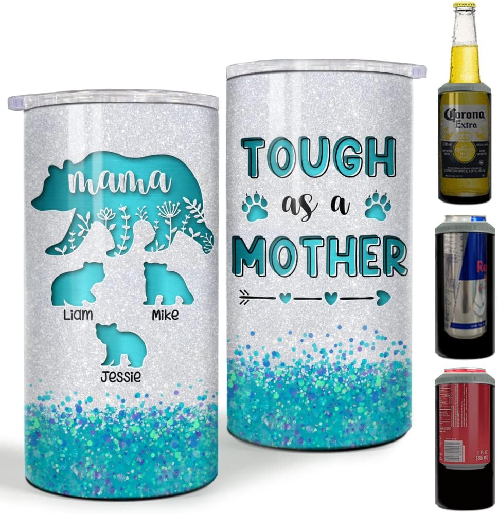 SANDJEST Personalized Blue Mama Bear Tumbler Tough As A Mother 4 in 1 16oz Tumbler Can Cooler Coozie Stainless Steel Tumbler Gift for Women Girl Daughter Sister Animal Lovers Christmas Birthday