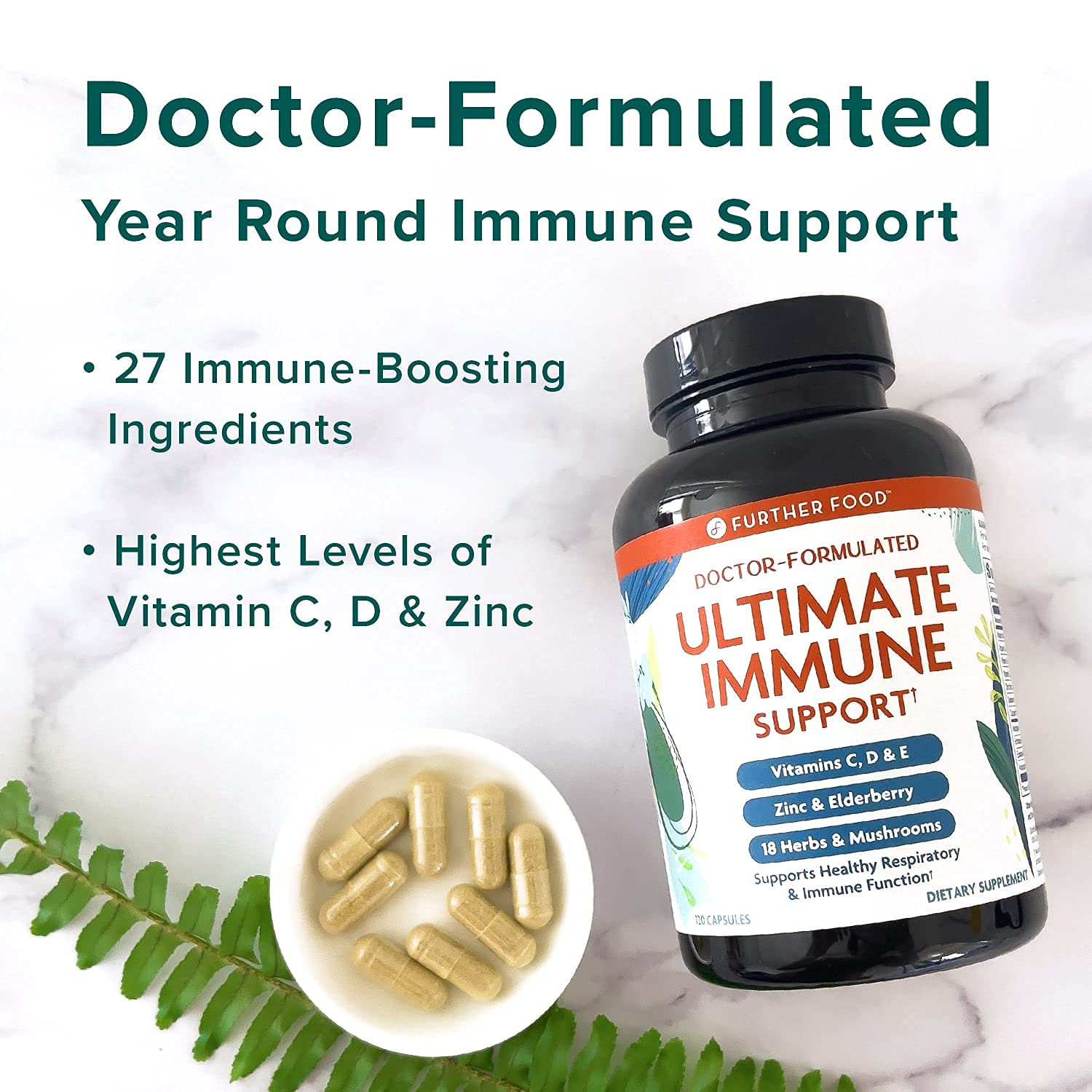 Further Food Ultimate Immune Support Vitamin C, D, E and Zinc + Natural Immunity Booster Multivitamin Herbal Supplement Elderberry & Echinacea, Daily Immune Defense & Antioxidant Support.