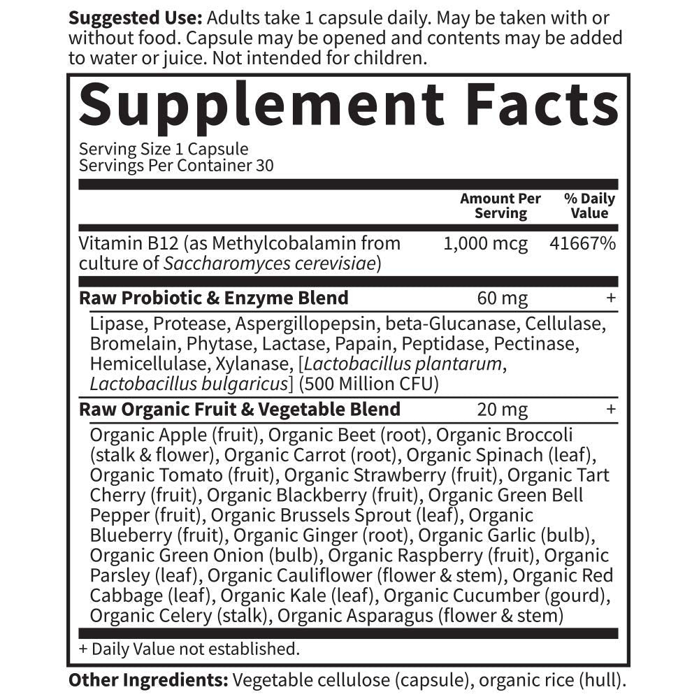 Garden of Life B12 - Vitamin Code Raw - 30 Capsules, 1,000mcg Whole Food Methylcobalamin for Energy, Vegan B12 Vitamin plus Probiotics & Enzymes, Gluten Free Supplements