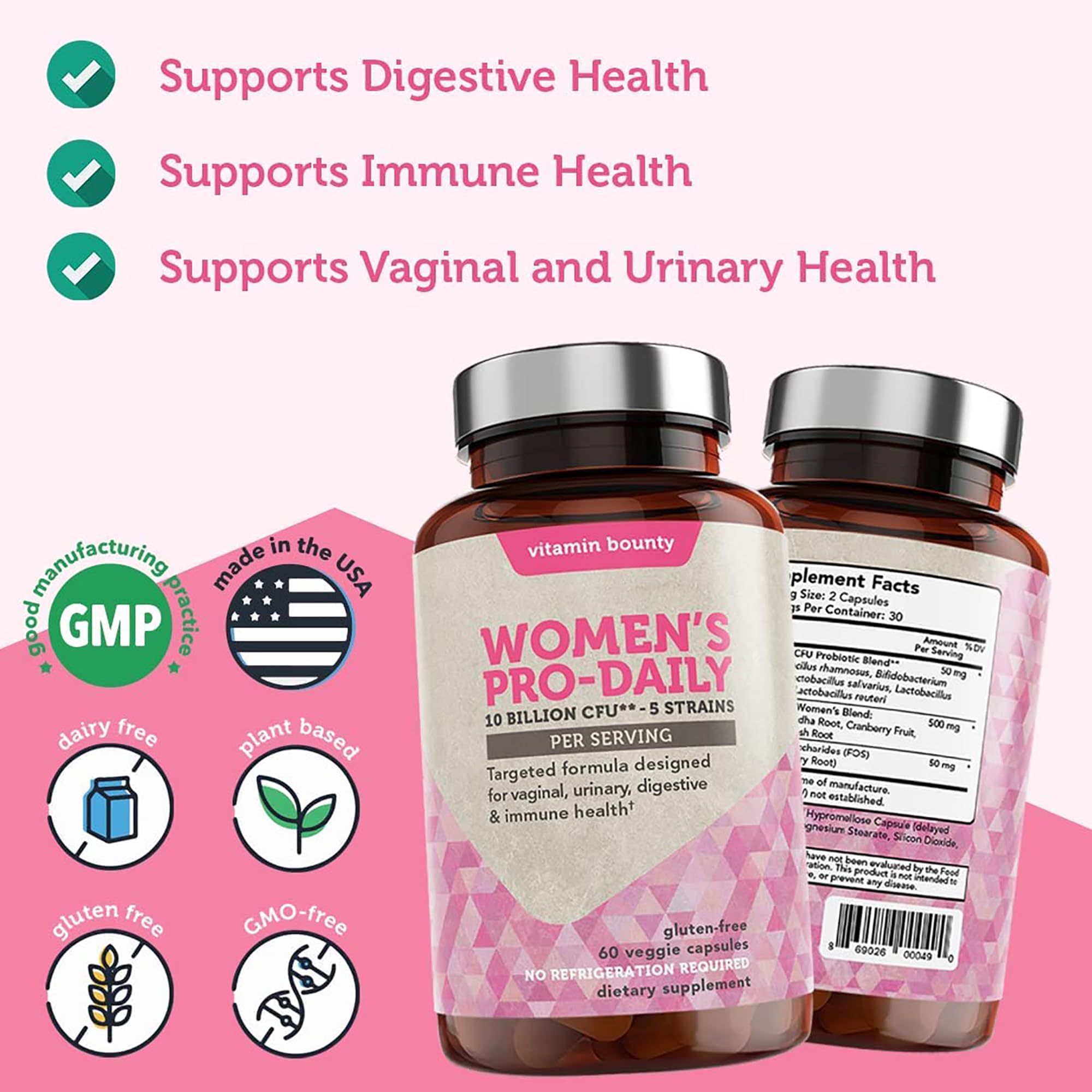 Vitamin Bounty Women's Pro Daily - Vaginal Probiotic & Prebiotic & pH Balance, Probiotics for Women Vaginigal Health, 10 Billion CFUs Per Serving with Cranberry, Gluten-Free - 60 Capsules