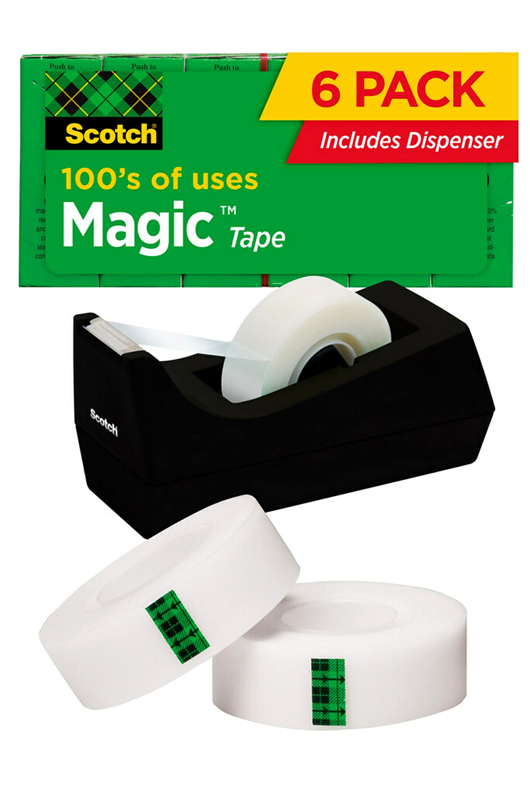 Scotch Magic Tape, Invisible, Back to School Supplies and College Essentials for Students and Teachers, 6 Tape Rolls With Dispensers, 3/4 x 1000 Inches