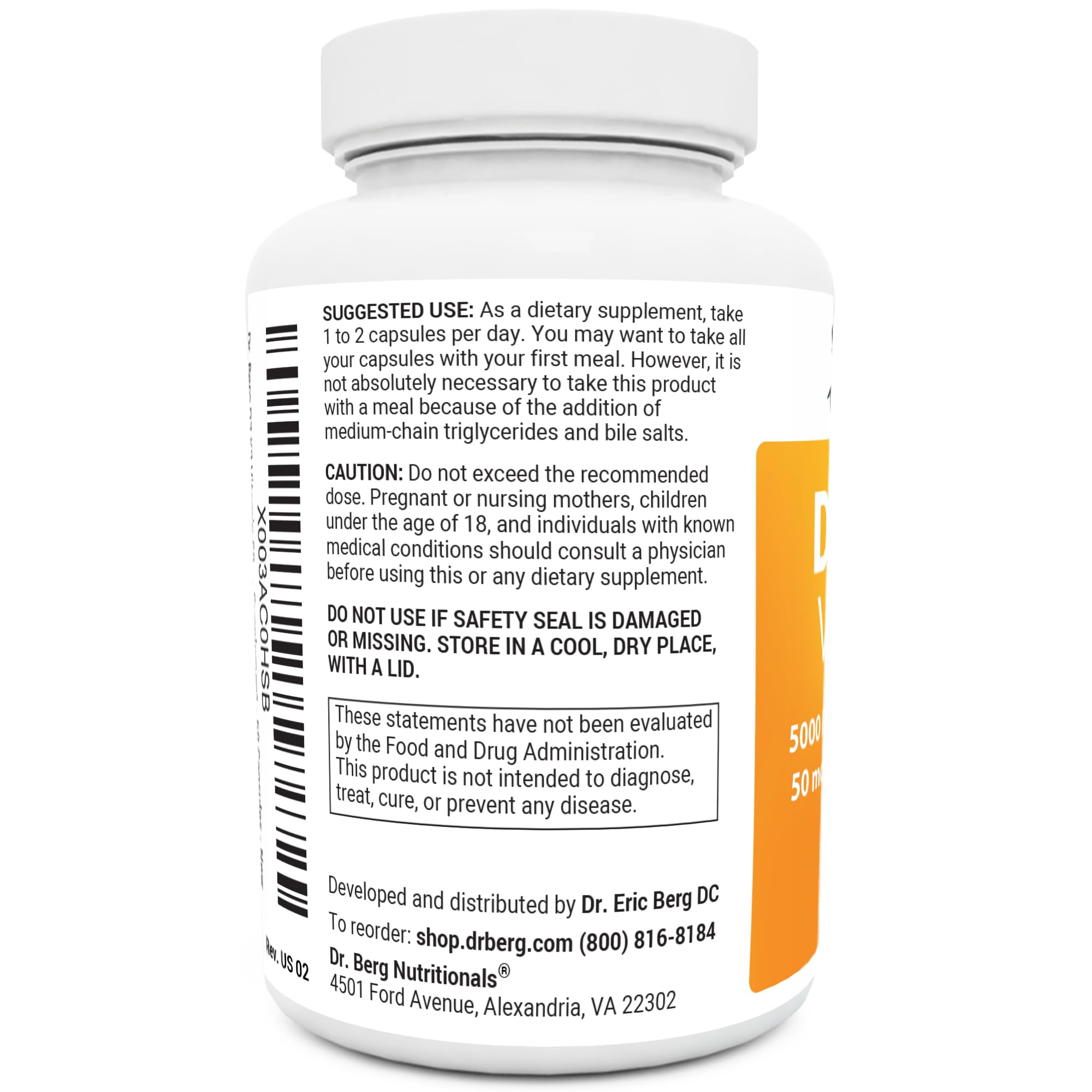 Dr. Berg D3 K2 Vitamin 5000 IU w/MCT Oil - Includes 50 mcg MK7 Vitamin K2, Purified Bile Salts, Zinc & Magnesium for Ultimate Absorption - Supplement - 60 Capsules