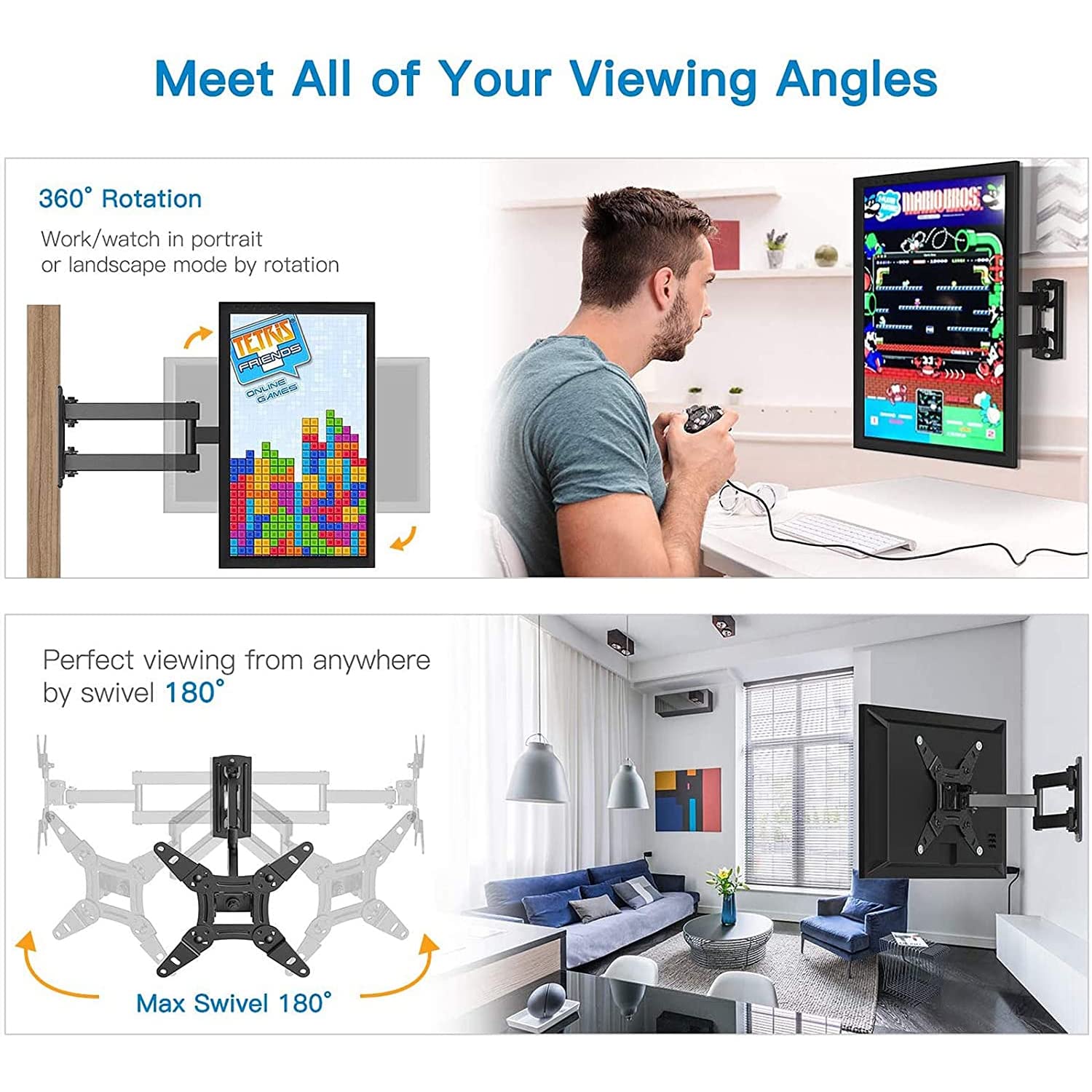 Full Motion TV Monitor Wall Mount Bracket Articulating Arms Swivels Tilts Extension Rotation for Most 13-42 Inch LED LCD Flat Curved Screen TVs & Monitors, Max VESA 200x200mm up to 44lbs by Pipishell