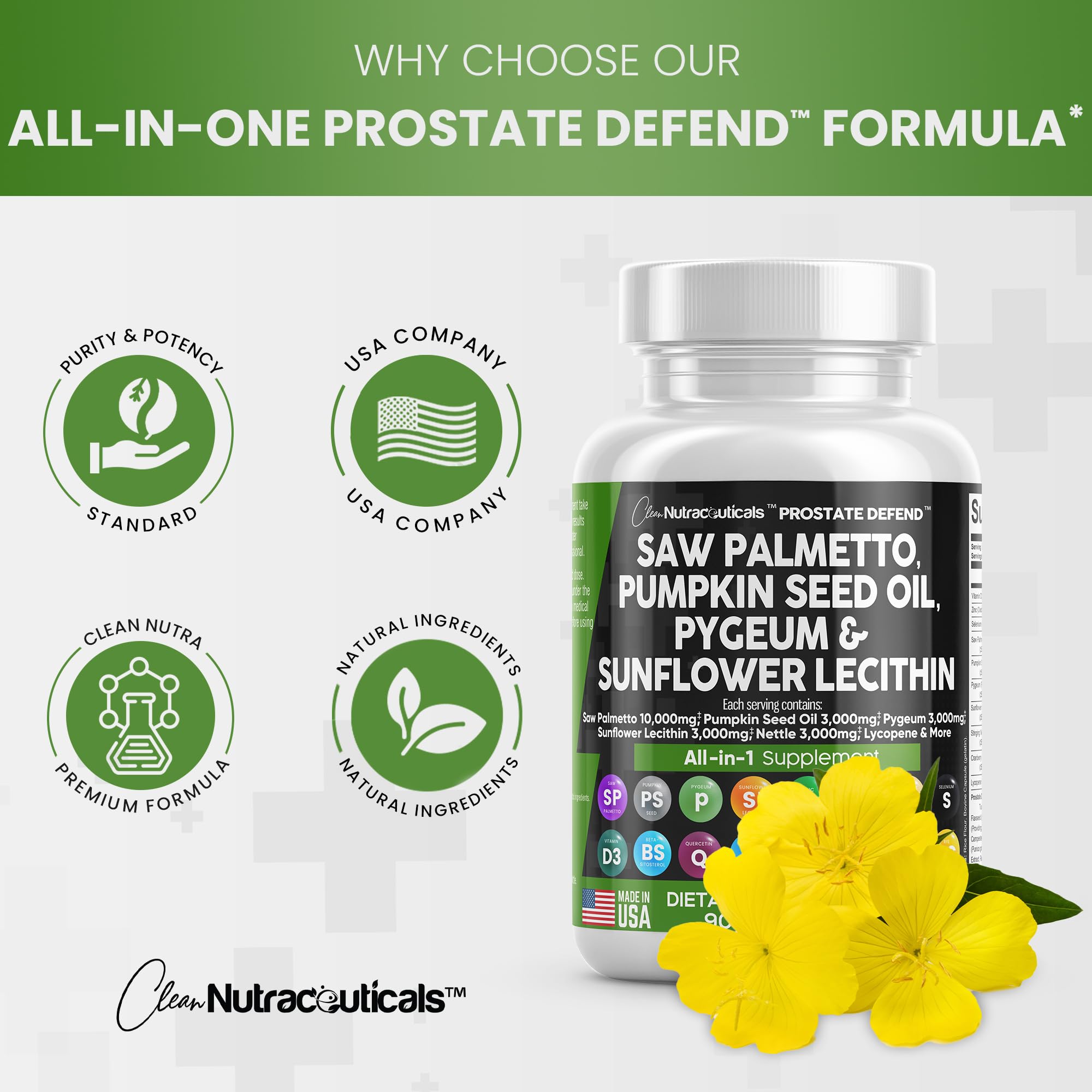 Clean Nutraceuticals Saw Palmetto 10000mg Pumpkin Seed Oil 3000mg Pygeum Sunflower Lecithin Stinging Nettle Cranberry - Prostate Supplements for Men with Lycopene Made in USA 90 Caps