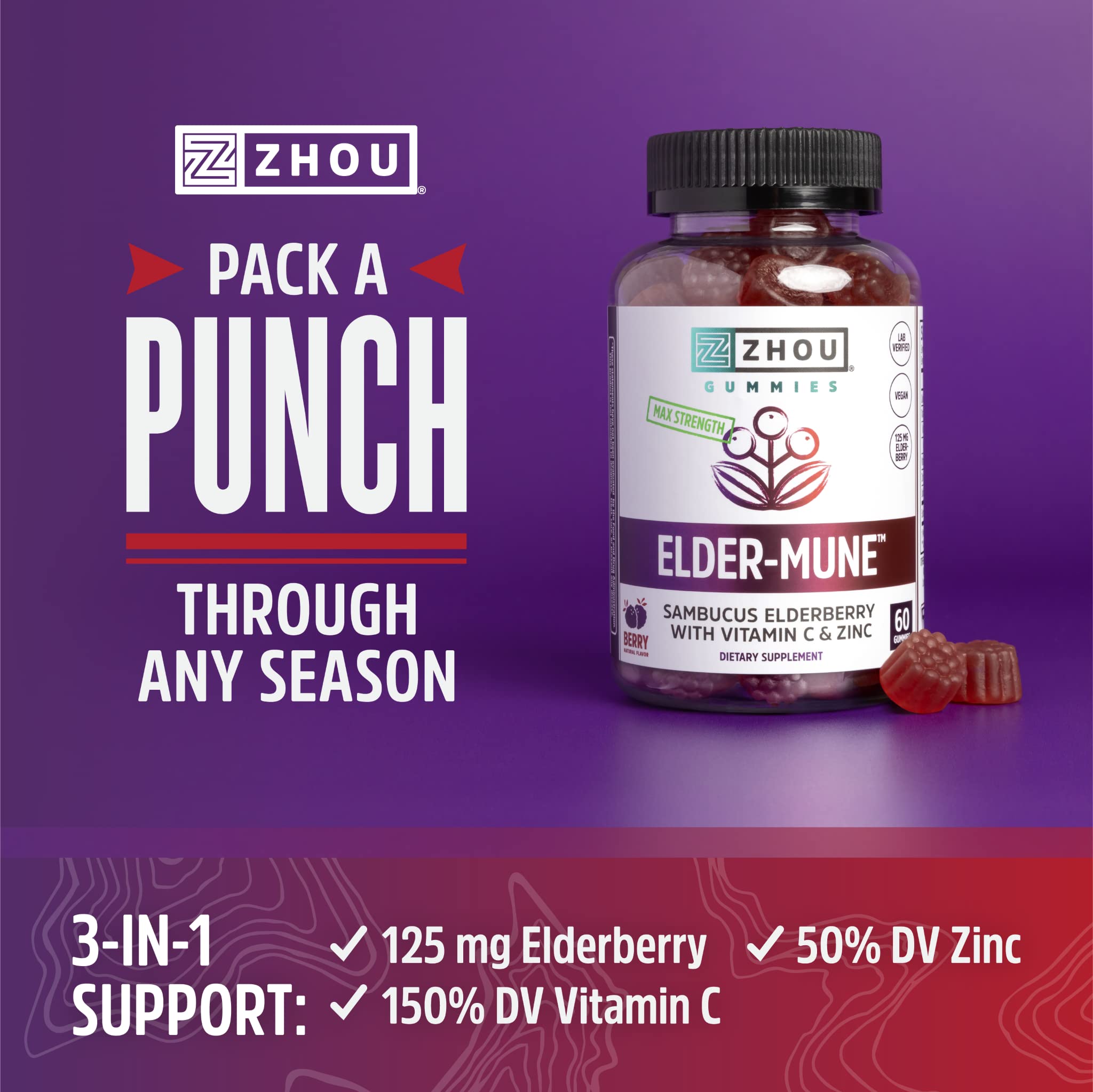 Zhou Nutrition Elder-Mune Sambucus Elderberry Gummies with Zinc and Vitamin C for Kids & Adults (Age 4+) Immune Support with Antioxidants, Vegan, Gluten Free, Non-GMO, 30 Servings, 60 Gummies