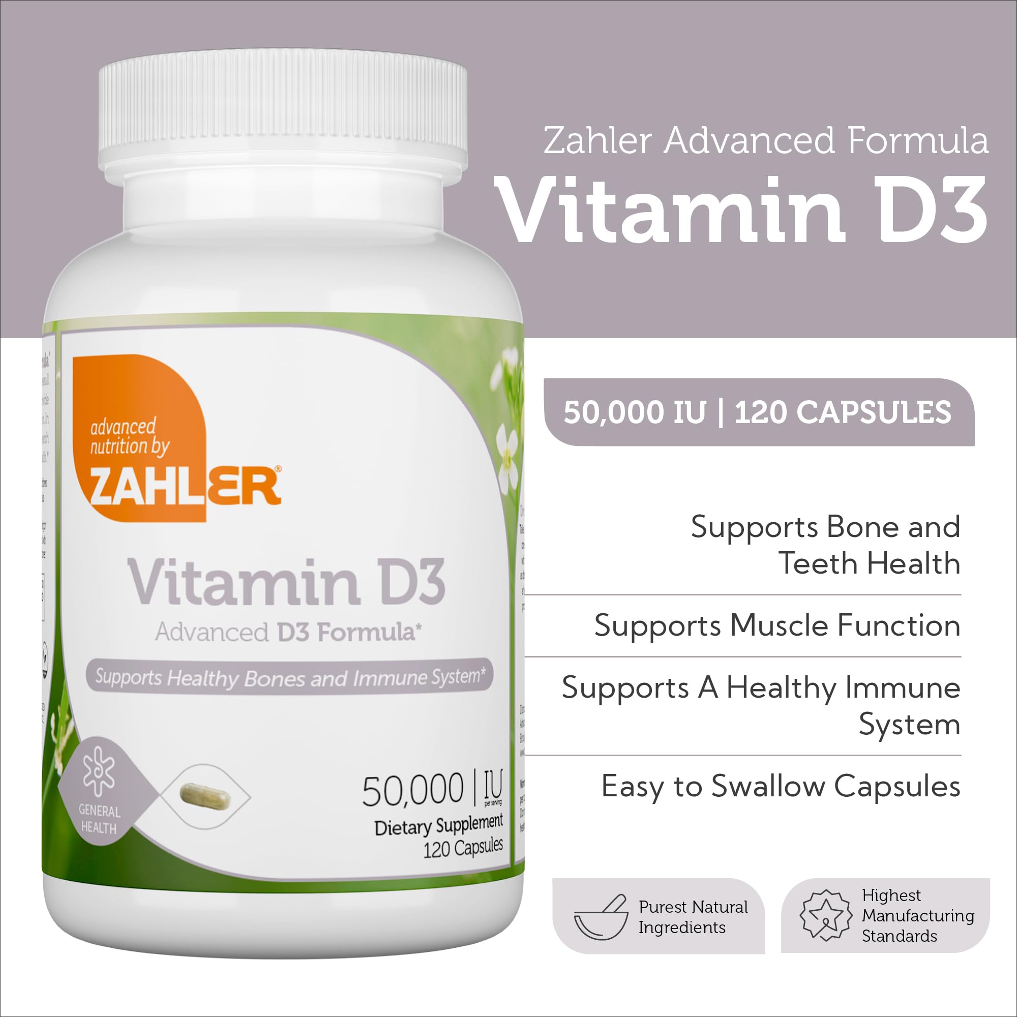 Zahler - Advanced Vitamin D3 50000 IU Softgels (120 Count) Kosher Vegetarian Friendly Vitamin D for Immune Support, Bone, Teeth & Muscle Health - Weekly D3 Vitamin Supplement- Easy Swallow VIT D 3