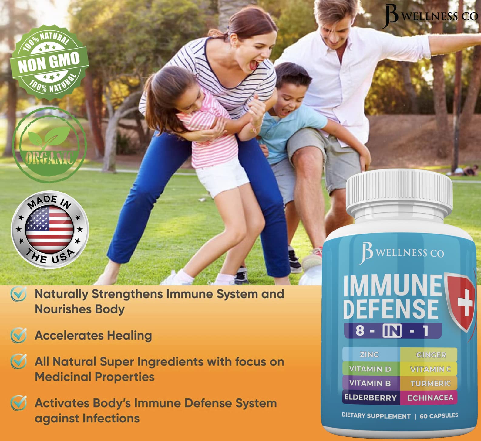 JB WELLNESS CO Immune Support 8 in 1 Capsules - Zinc Supplement, Vitamin D3 5000 IU, Vitamin C 1000MG and Elderberry - Immune Booster Ginger Root, and Turmeric - [2-Pack]