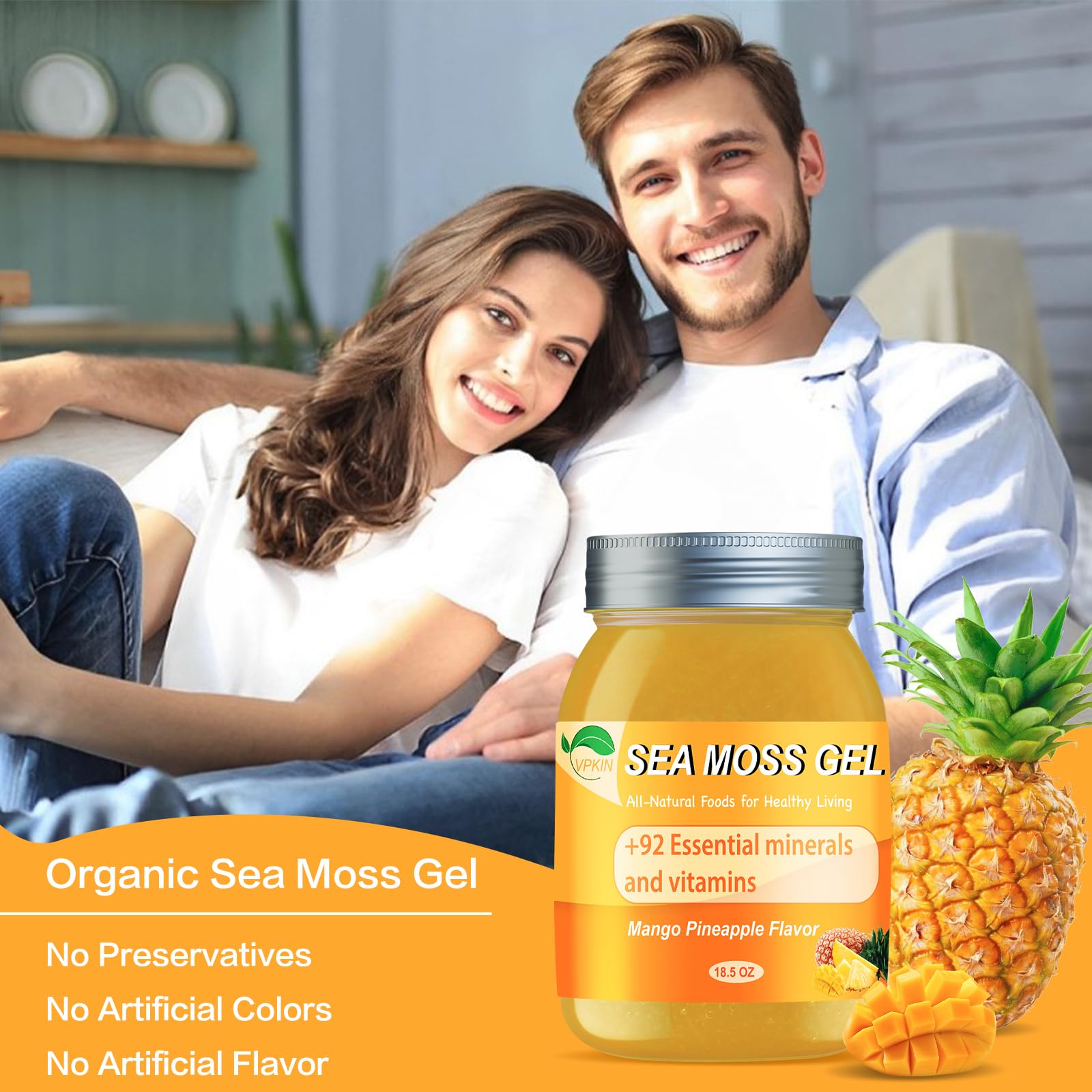 VPKIN Sea Moss Gel,Irish Sea Moss Raw Organic,Sea Moss Supplement Advanced for Immune & Metabolism Support(Mango Pineapple,18.5OZ)