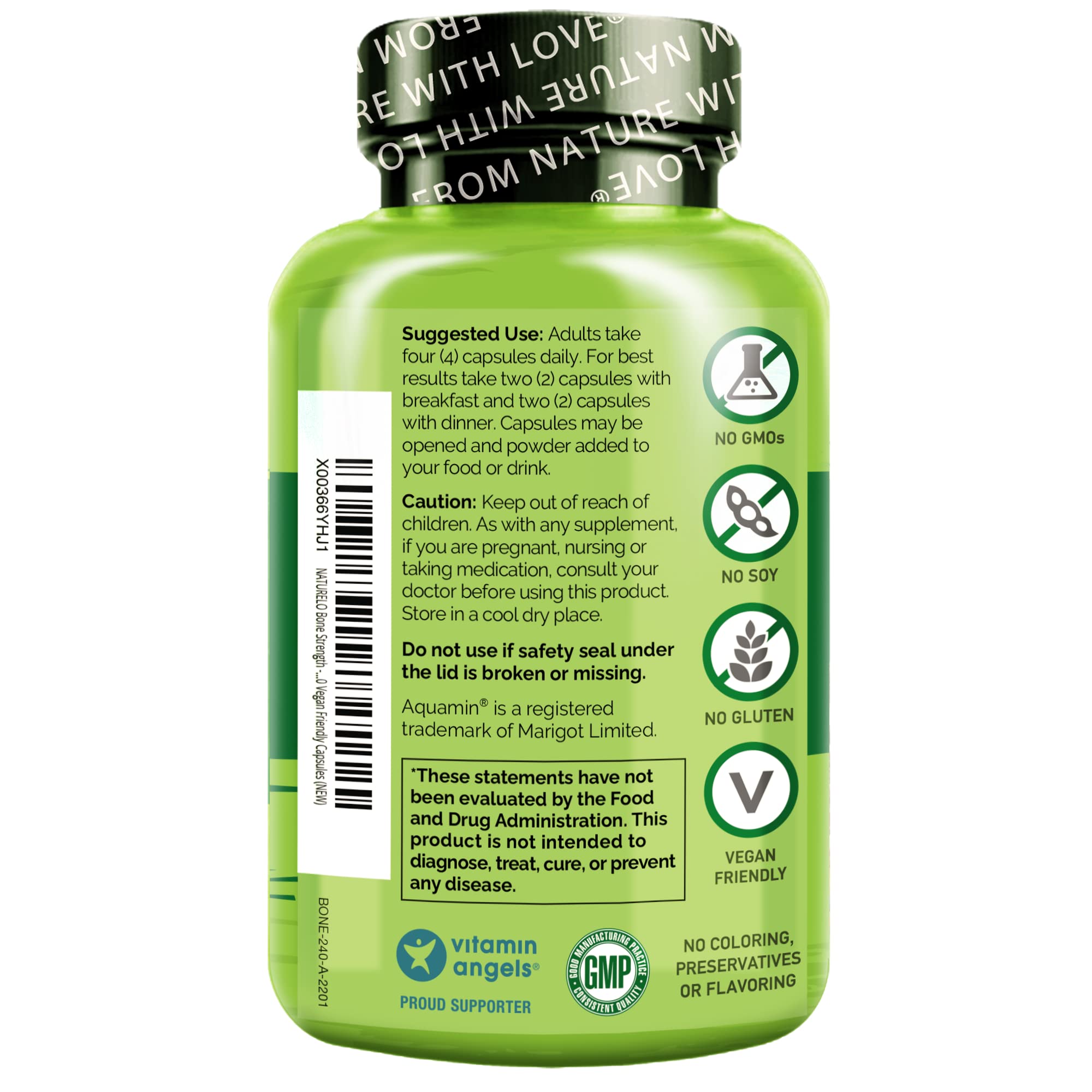 NATURELO Bone Strength - Plant-Based Calcium, Magnesium, Potassium, Vitamin D3, VIT C, K2 - GMO, Soy, Gluten Free Ingredients - Whole Food Supplement for Bone Health - 240 Vegetarian Capsules