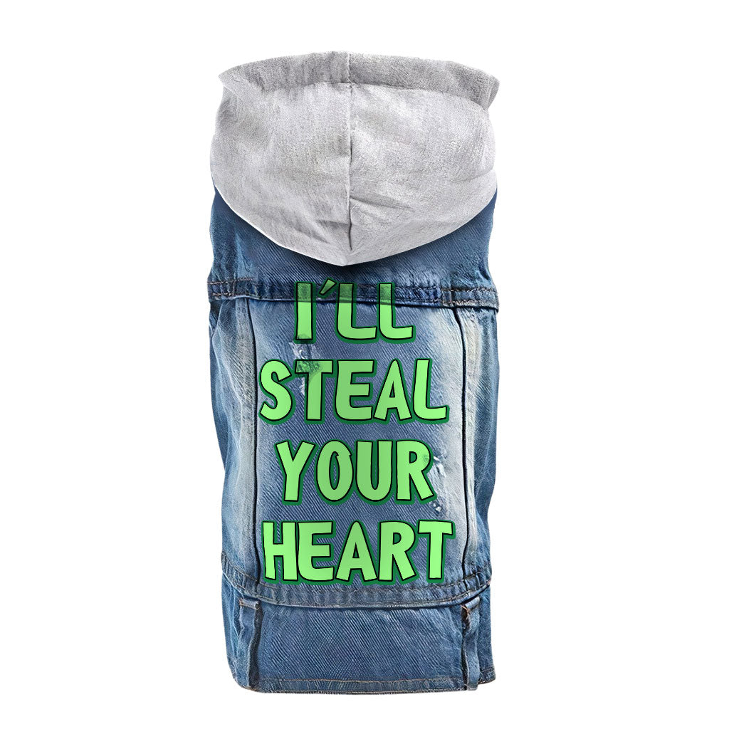 I'll Steal Your Heart Dog Denim Jacket - Art Print Dog Denim Coat - Word Design Dog Clothing