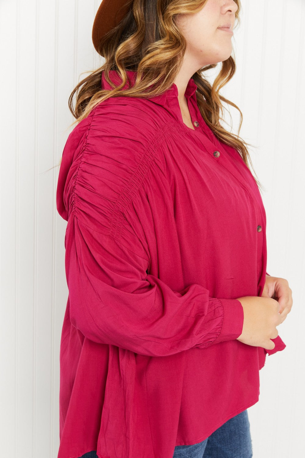 Delectable Taste Ruched Detail Button-Down Shirt