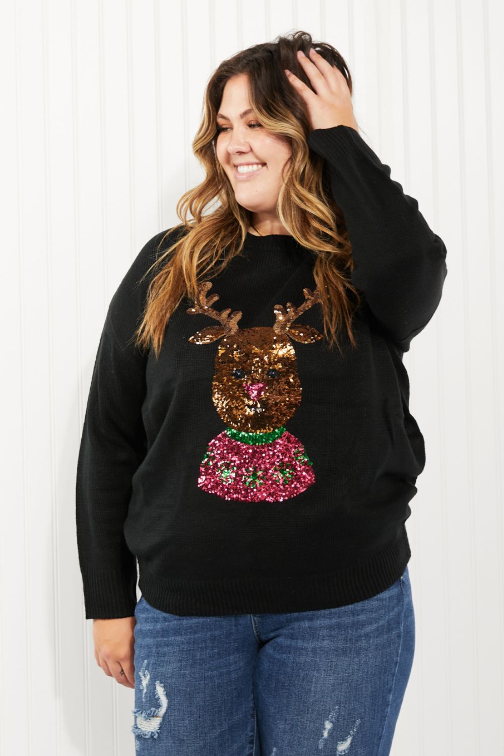 Christmas Rudolph Full Size Sequin Sweater