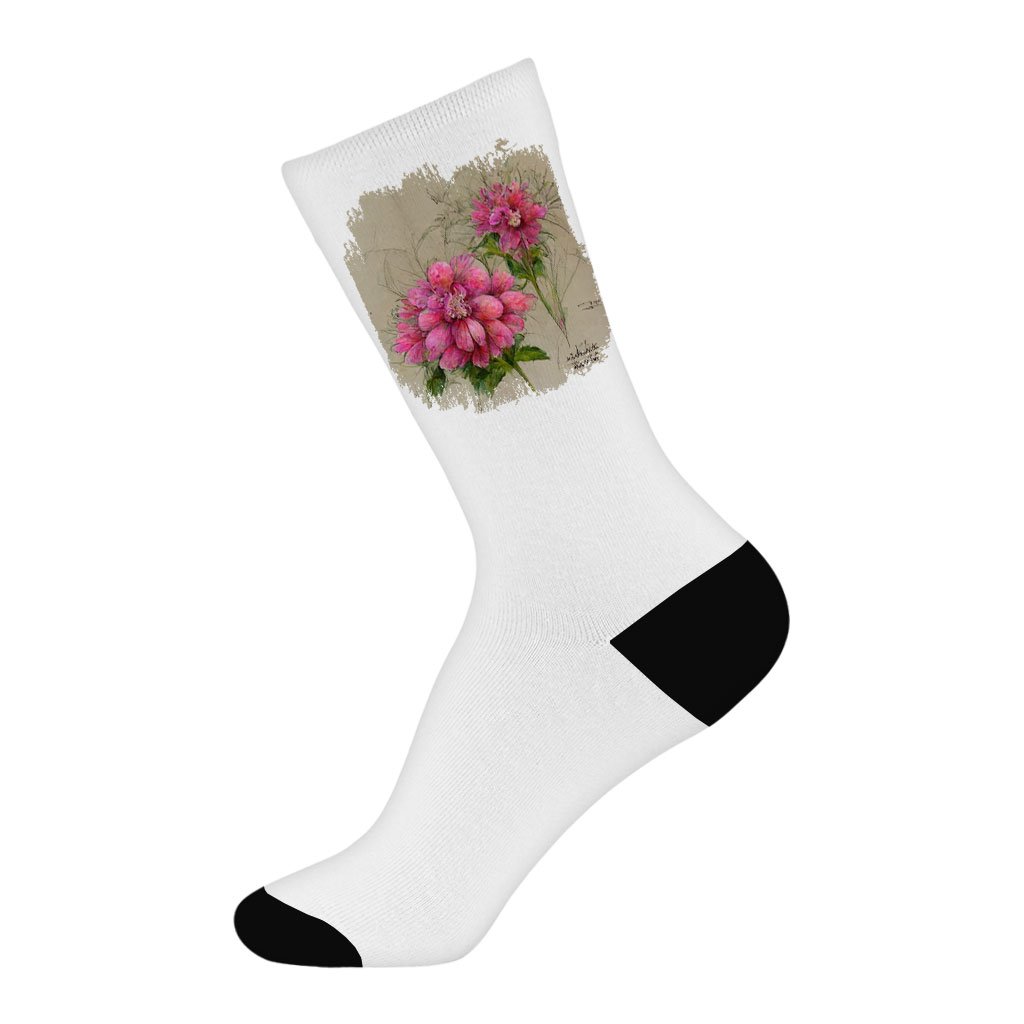 Pink Dahlia Flower Socks - Painted Novelty Socks - Graphic Crew Socks