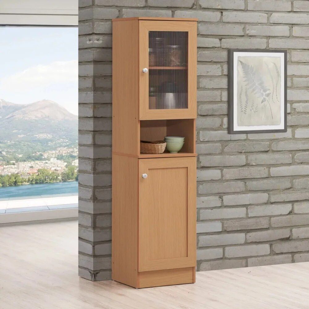 Slim Tall Storage Cabinet with Open Shelf & Enclosed Space for Kitchen and Living Room