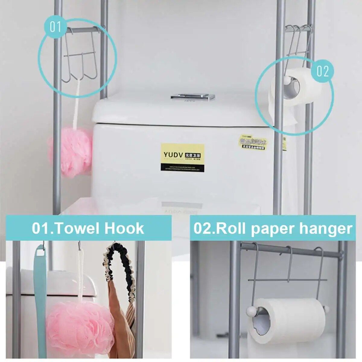 Multi-Purpose Metal Bathroom Organizer with Towel Hook and Roll Holder