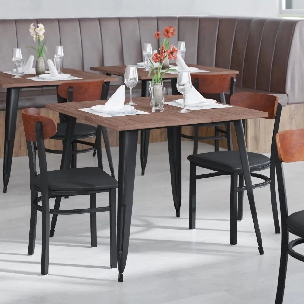 Walnut & Black Vinyl Dining Chair - Durable Metal Frame, Modern Design